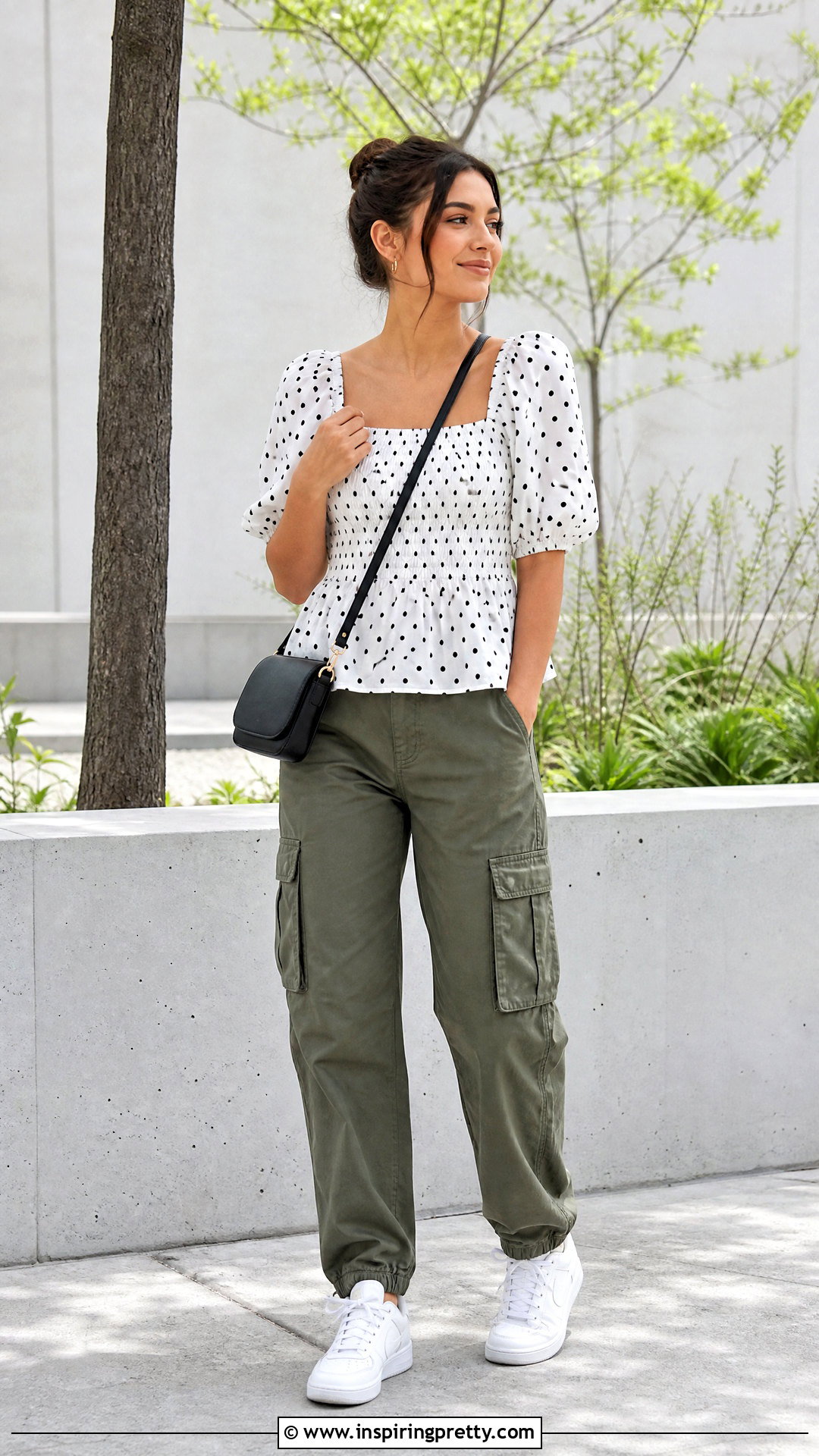 Polka Dot Top With Cargo Pants - 50 polka dot top outfit ideas