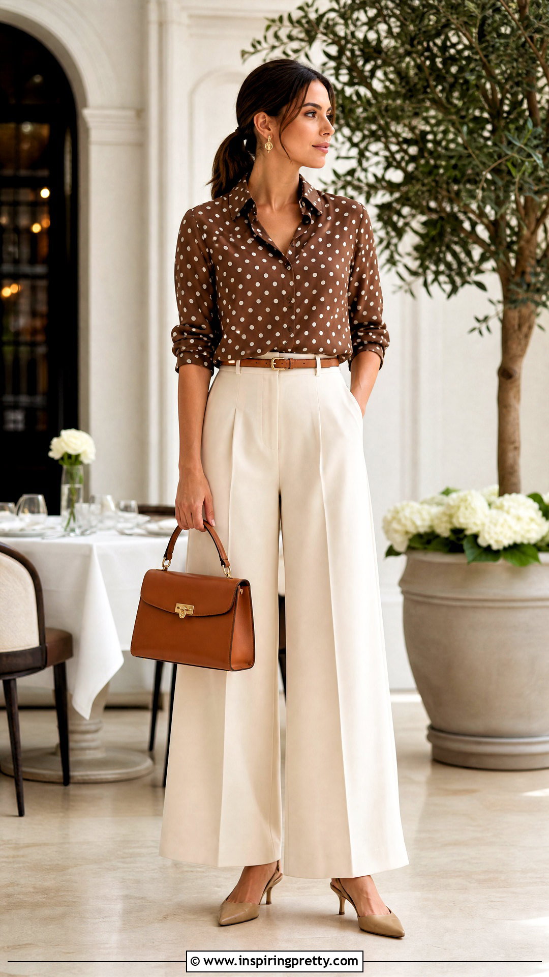 Polka Dot Top With Cream Pants - 50 polka dot top outfit ideas