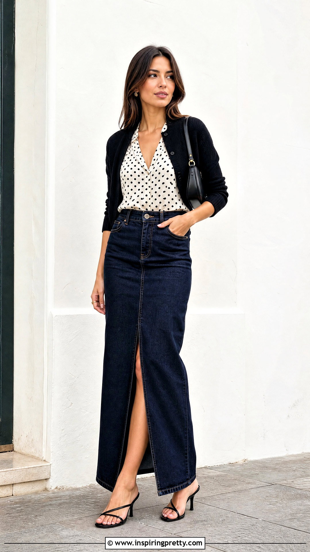 Polka Dot Top With Denim Maxi Skirt - 50 polka dots top outfit ideas