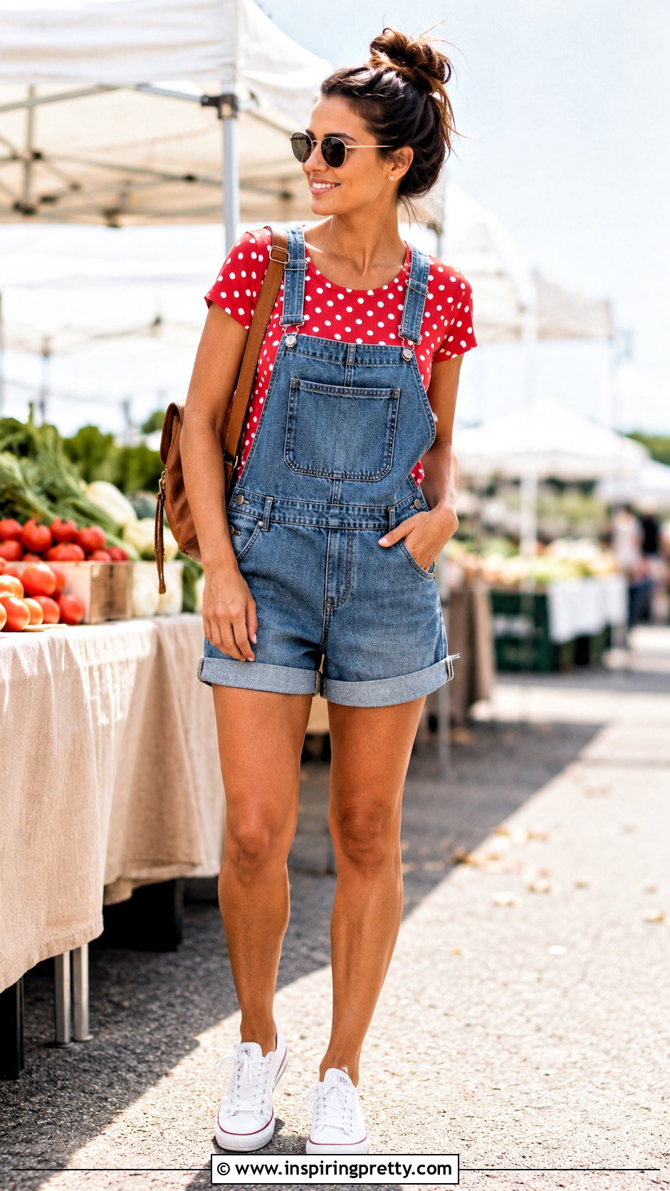 Polka Dot Top With Denim Overalls Outfit - 20 polka dot top summer style ideas