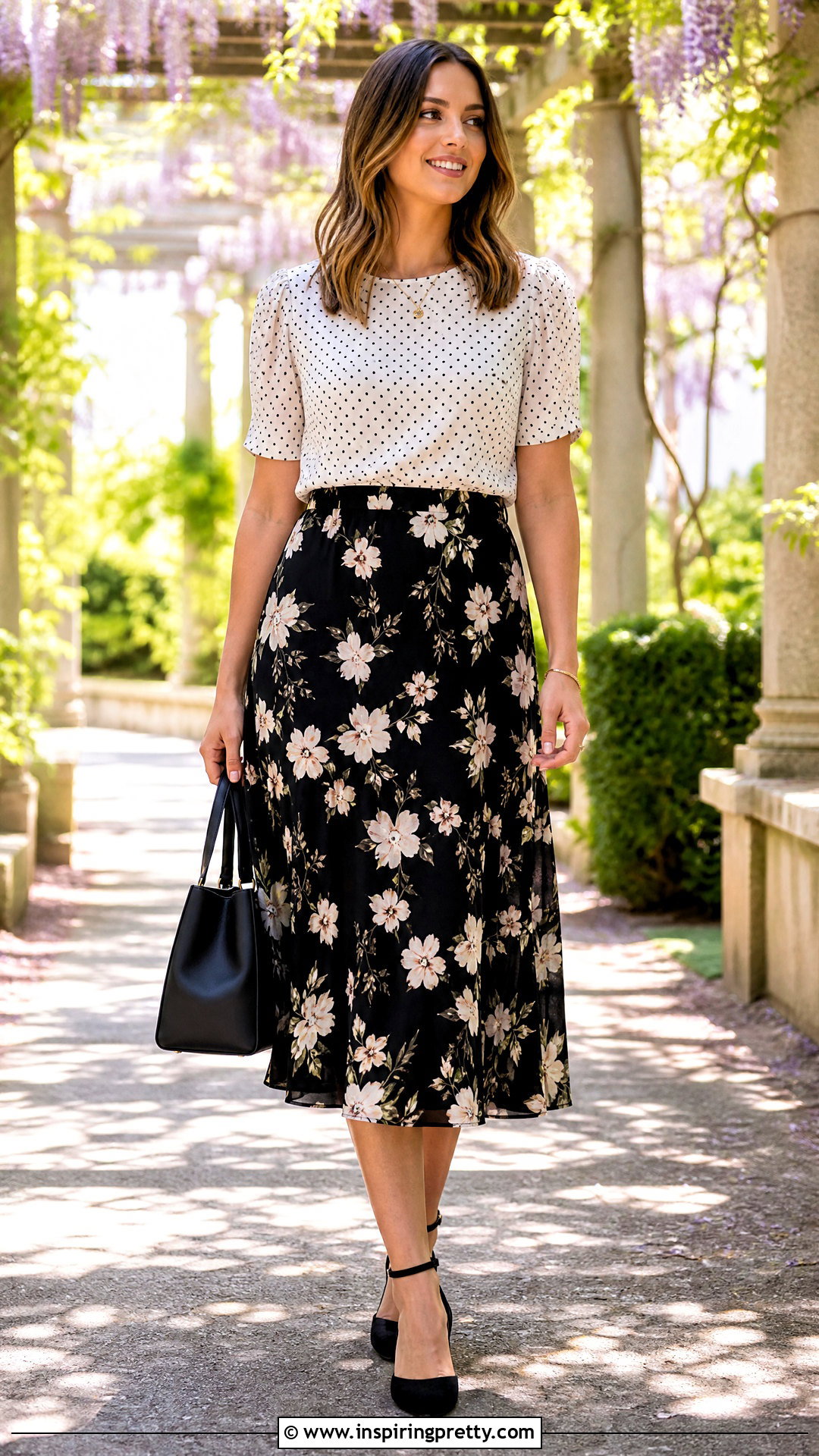 Polka Dot Top With Floral Midi Skirt - 50 polka dot top outfit ideas