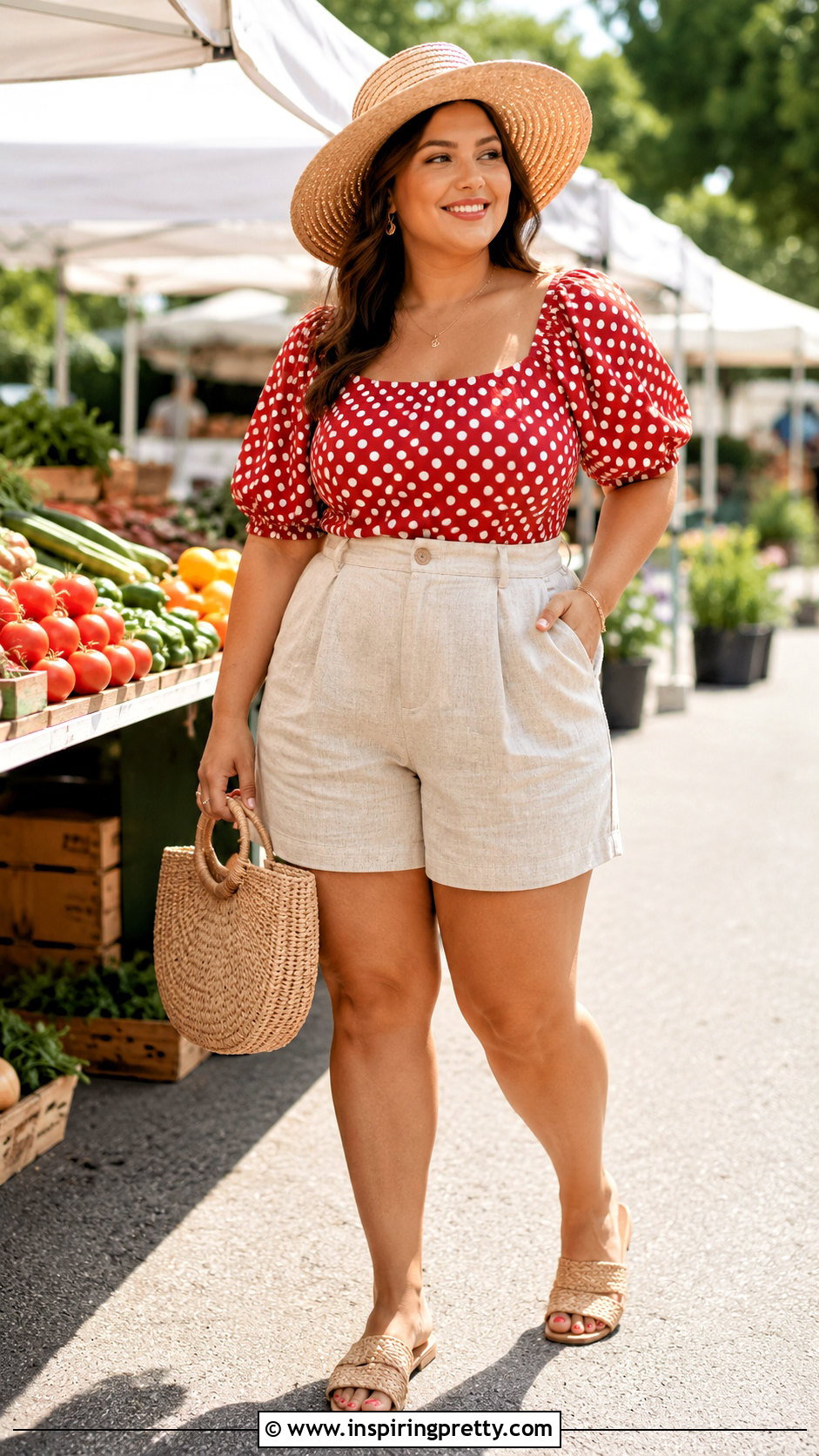 Polka Dot Top With Linen Shorts Outfit - 20 polka dot top summer style ideas