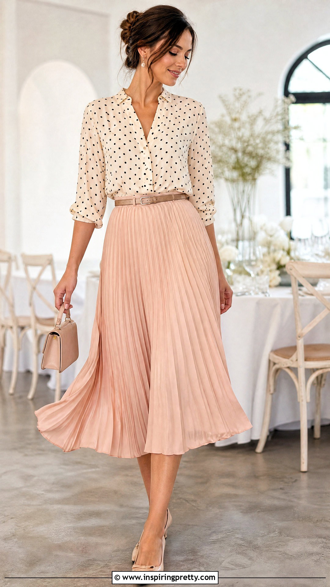 Polka Dot Top With Pleated Midi Skirt - 50 polka dots top outfit ideas