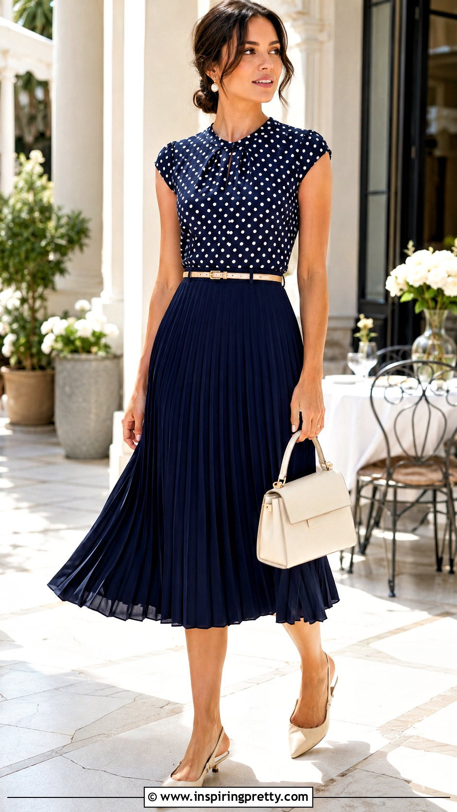 Polka Dot Top With Pleated Midi Skirt Outfit - 20 polka dot top summer style ideas