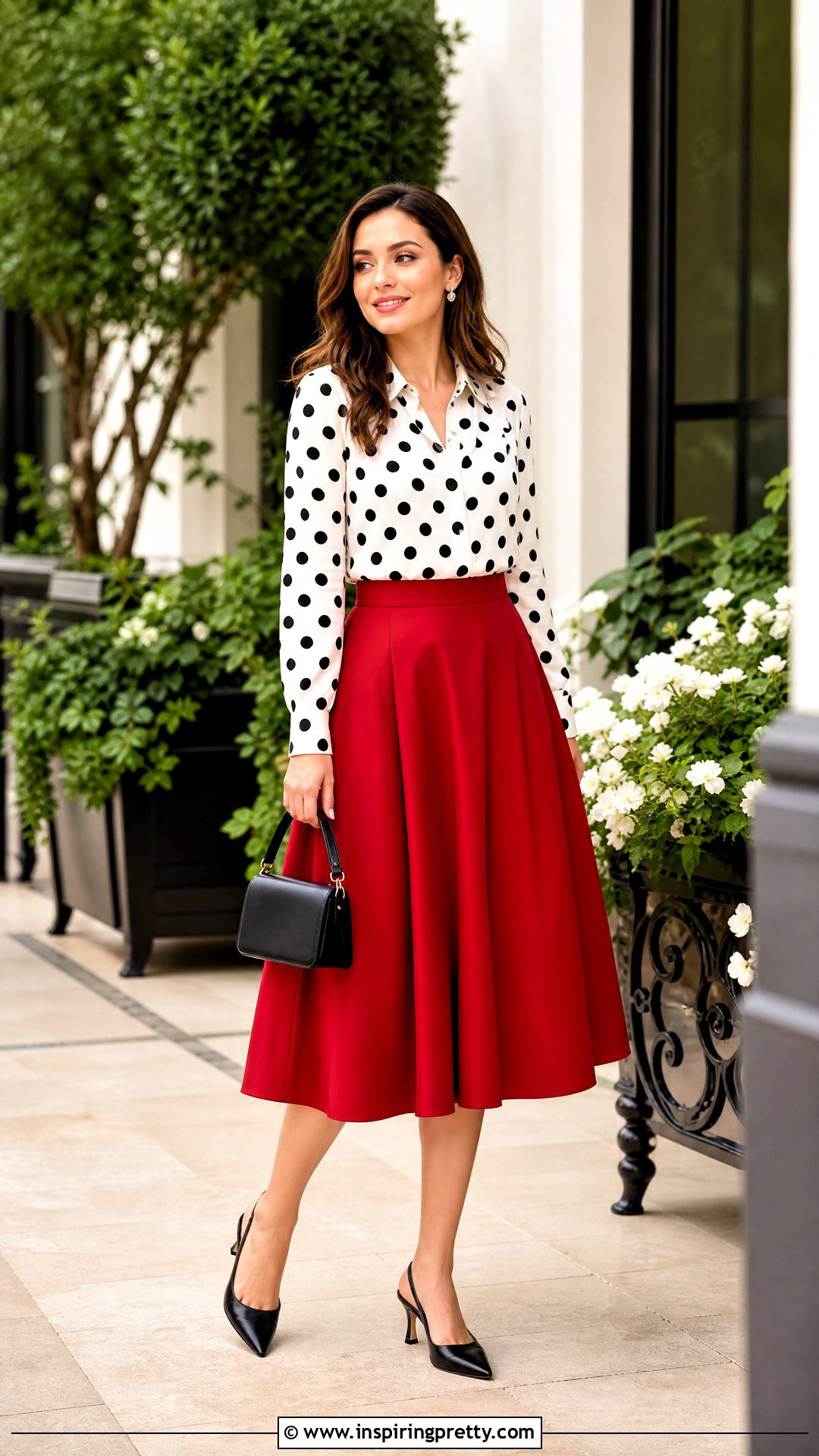 Polka Dot Top With Red Midi Skirt - 50 new top designs for women
