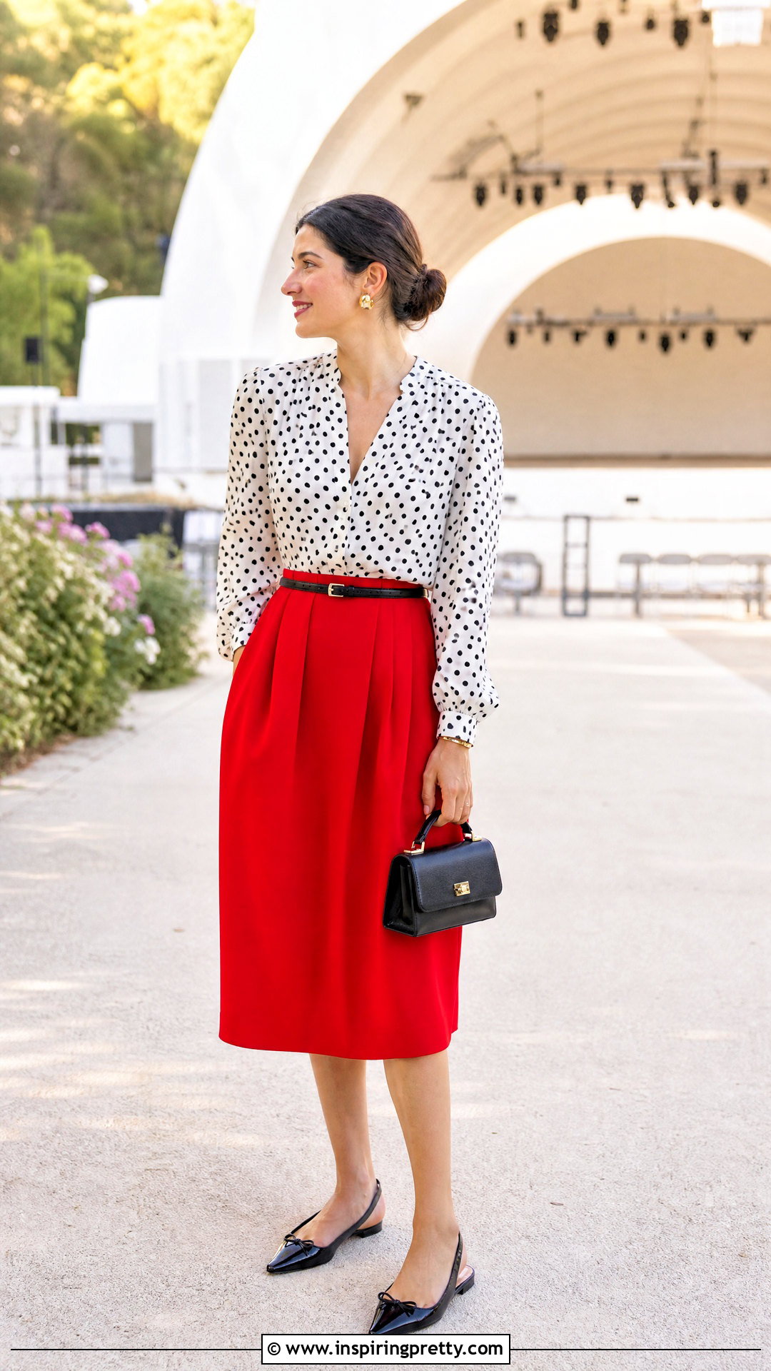 Polka Dot Top With Red Midi Skirt - 50 summer top outfit ideas