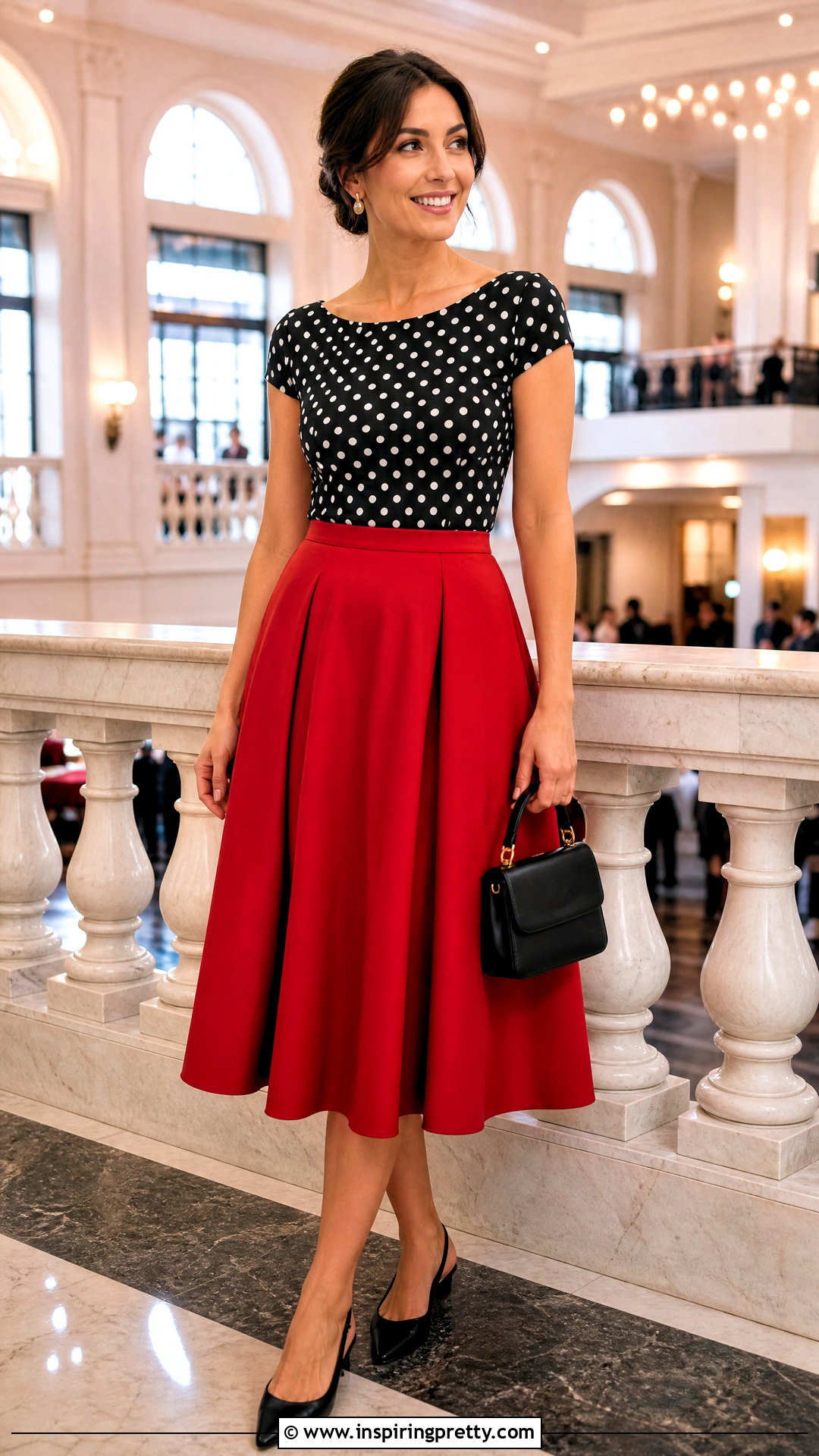 Polka Dot Top With Red Midi Skirt - 50 unique tops outfit ideas