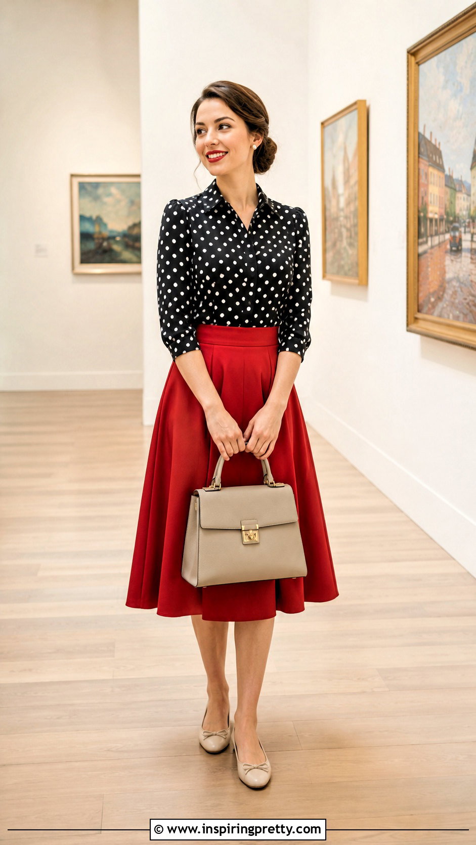 Polka Dot Top With Red Midi Skirt - 50 girly tops outfit ideas