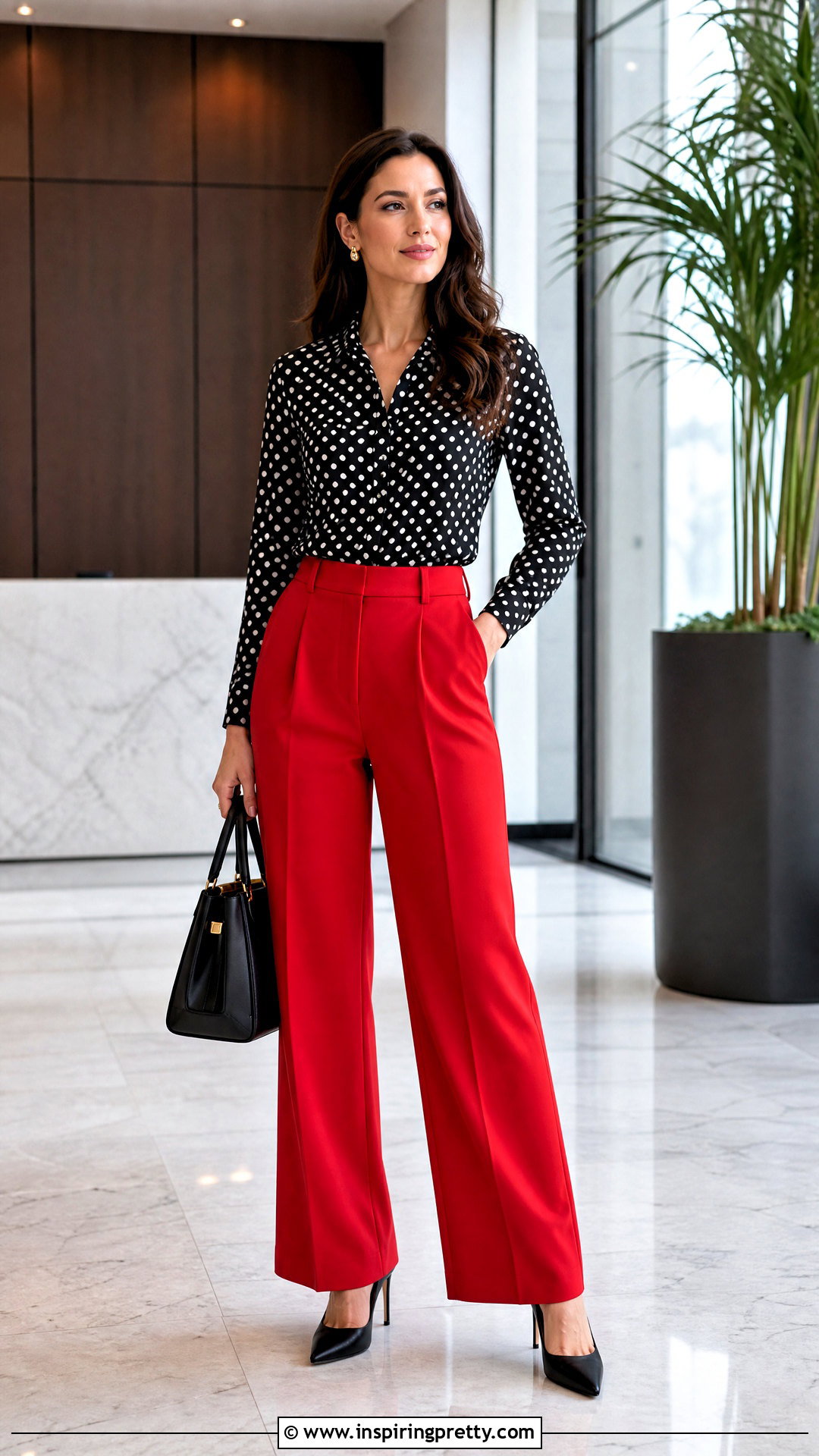 Polka Dot Top With Red Trousers - 50 trendy tops for women classy ideas