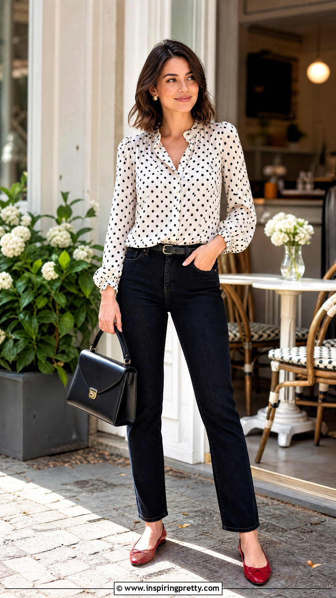 Polka Dot Top With Straight Jeans - 50 jeans top outfit for women