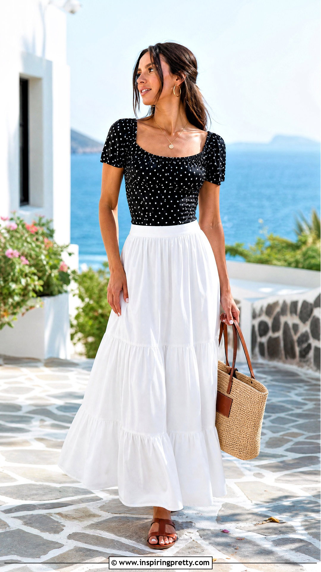 Polka Dot Top With White Maxi Skirt - 50 polka dot top outfit ideas