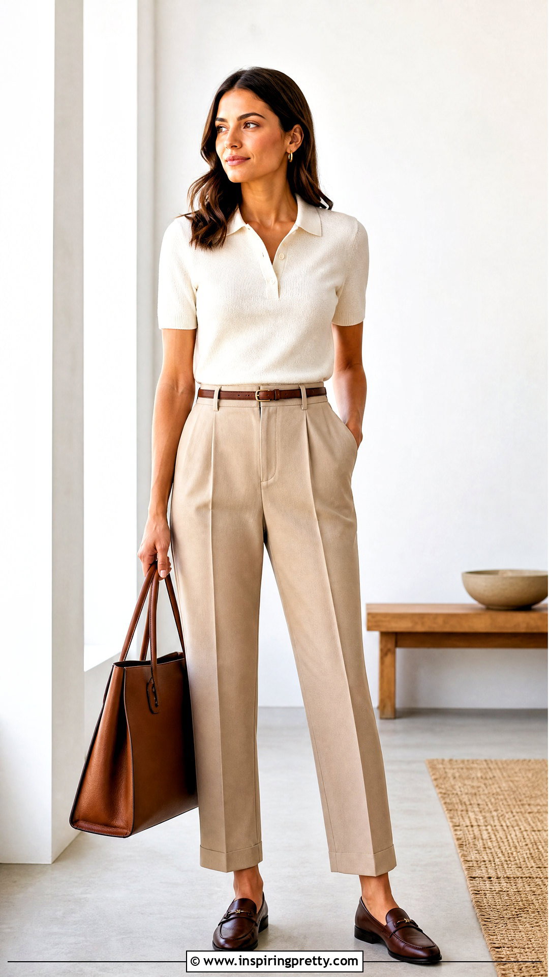 Polo Knit Top With Pleated Trousers - 50 classy tops outfit ideas