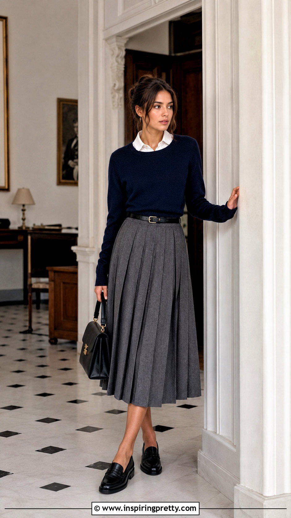Polo Top Under Crewneck Sweater With Pleated Skirt - 50 polo top outfit women