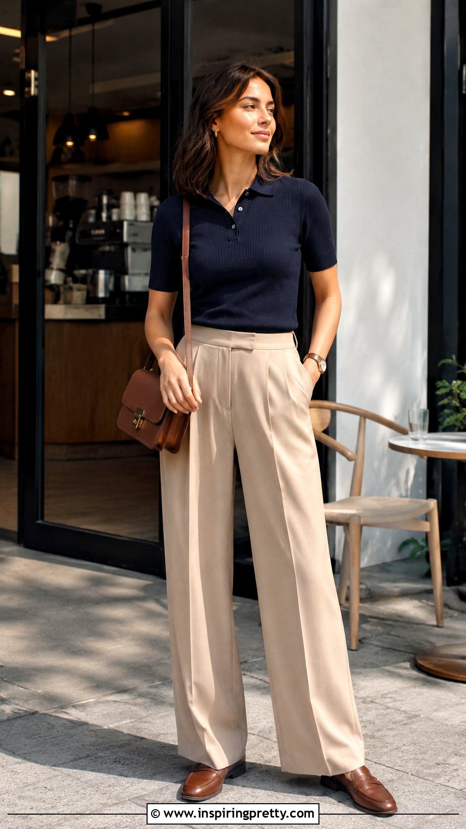 Polo Top and Pleated Trousers Outfit - 50 casual top outfit ideas