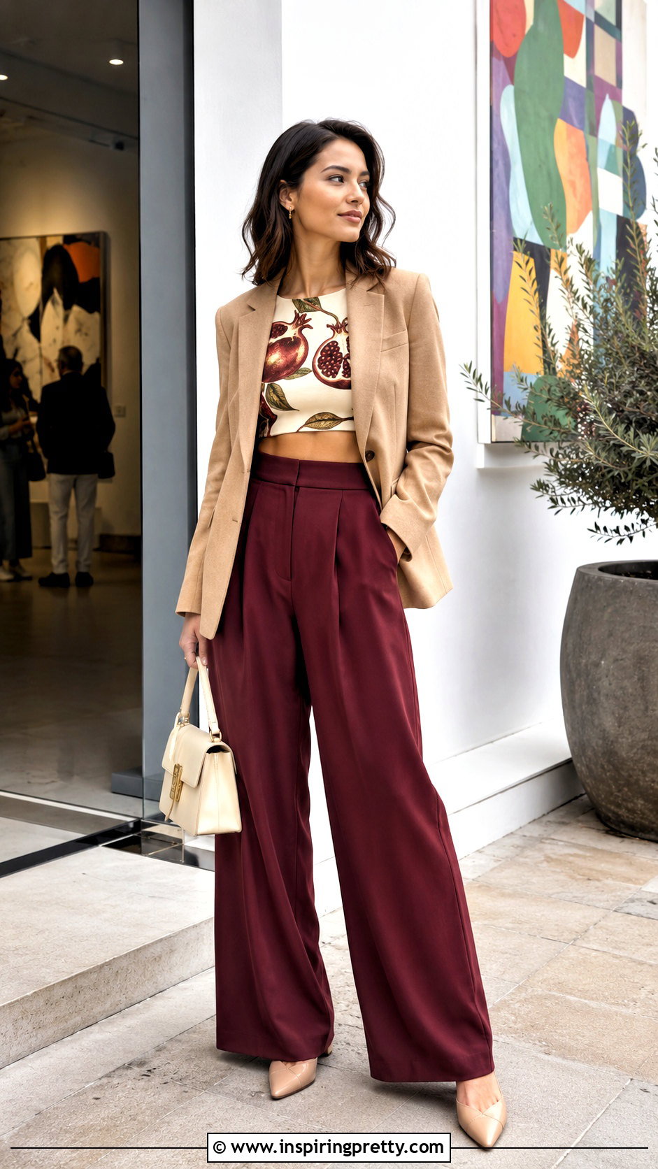 Pomegranate Fruit Crop Top With Burgundy Trousers - 25 fruit crop top outfit ideas