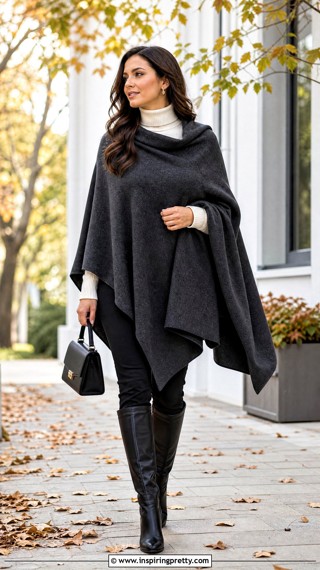 Poncho Over Turtleneck Layered Outfit - 50 layered tops outfit ideas