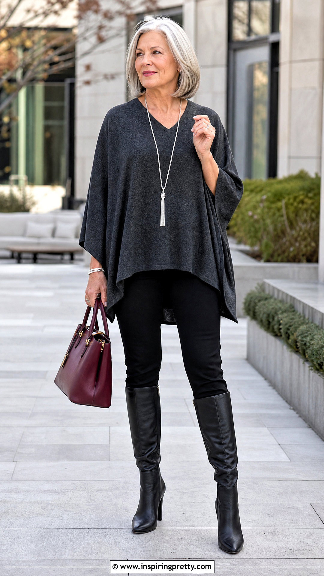 Poncho Top With Slim Pants - 25 Belly Hiding Tops outfit ideas