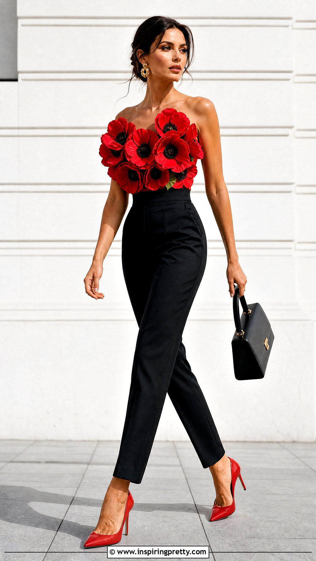 Poppy Flower Top With Black Trousers - 50 flower top photoshoot ideas