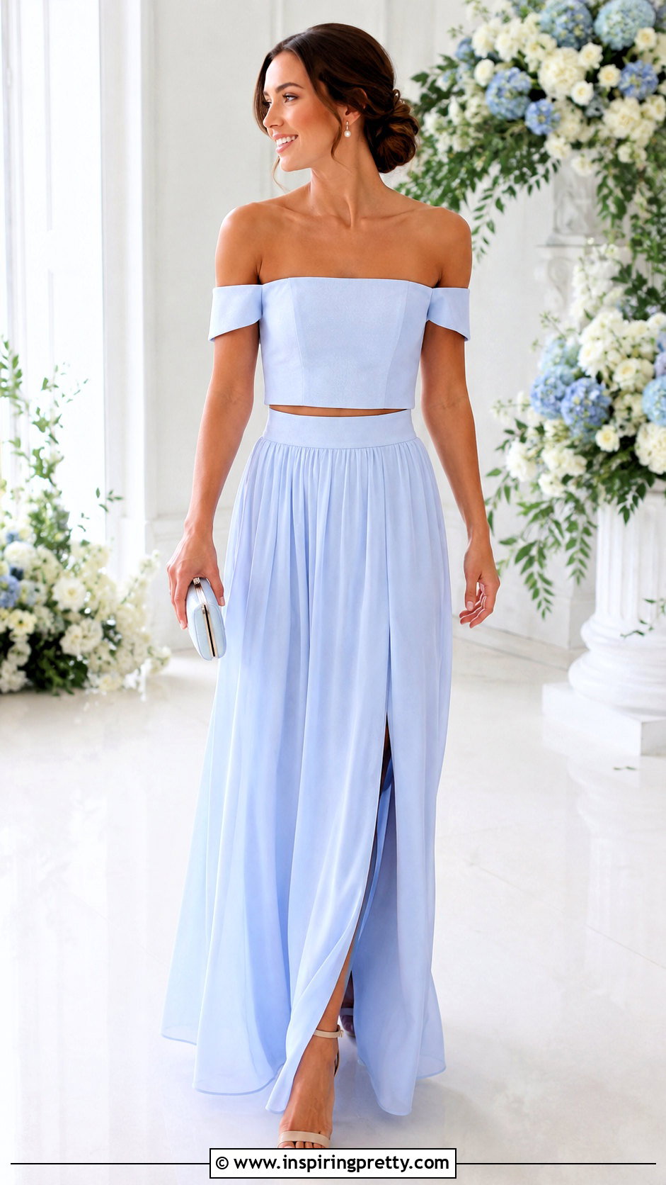 Powder Blue Off Shoulder Crop Top Bridesmaid Dress - 25 Crop Top Bridesmaid Dress outfit ideas