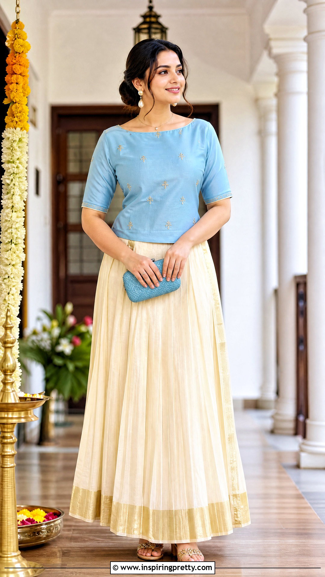Powder Blue Top And Gold Pleated Onam Skirt - 50 latest onam skirt and top designs