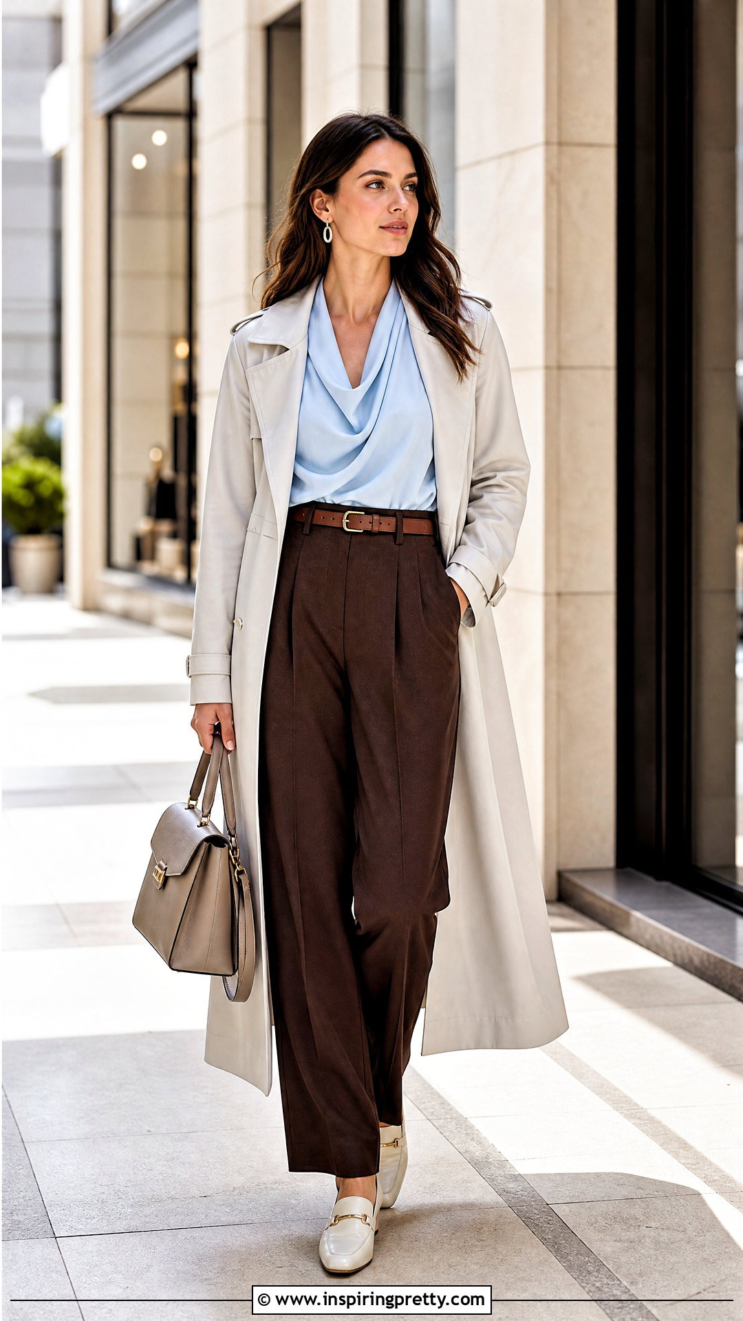 Powder Blue Top With Brown Trousers - 50 spring tops outfit ideas