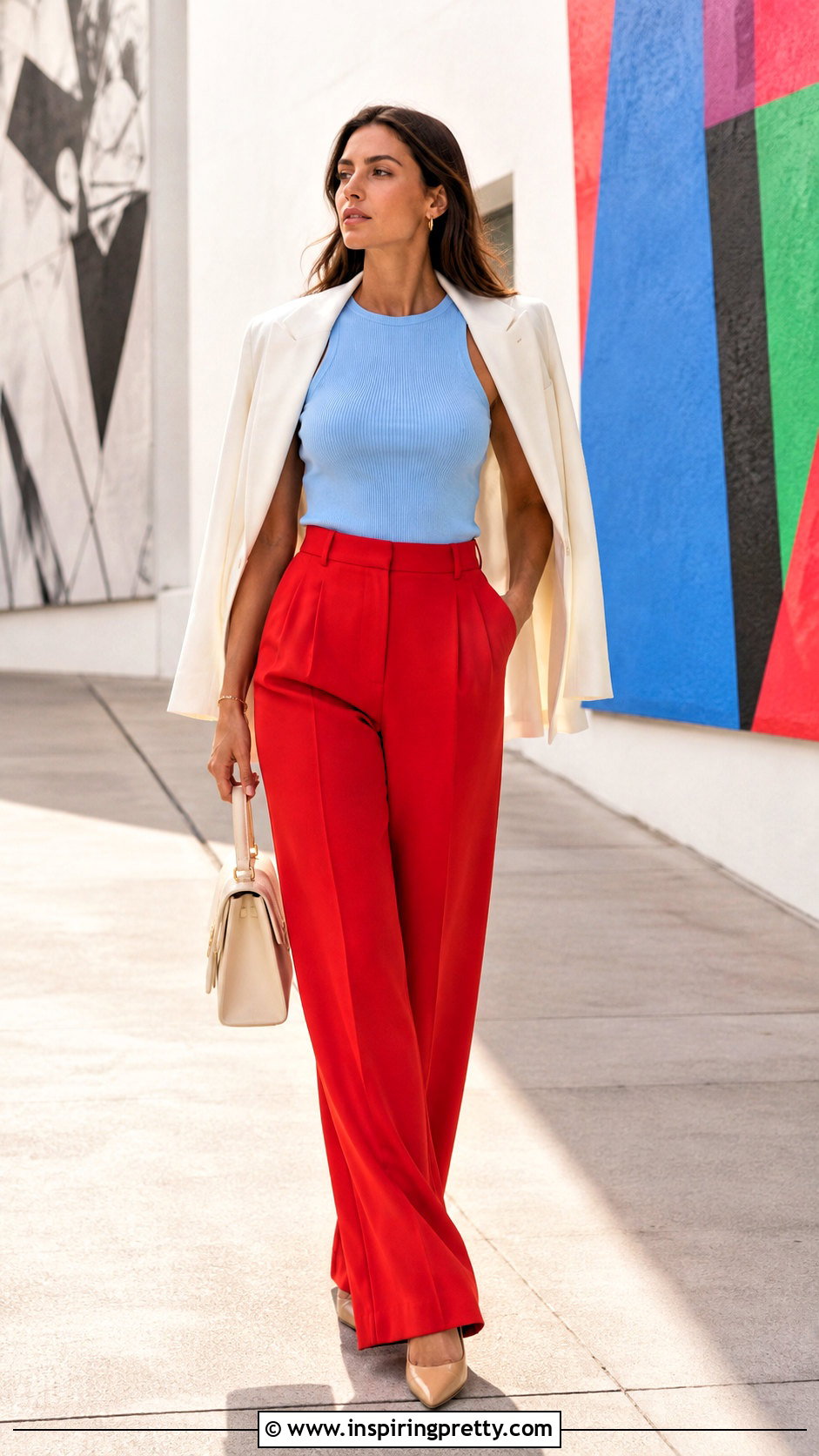 Powder Blue Top With Red Pants - 50 powder blue top outfit ideas
