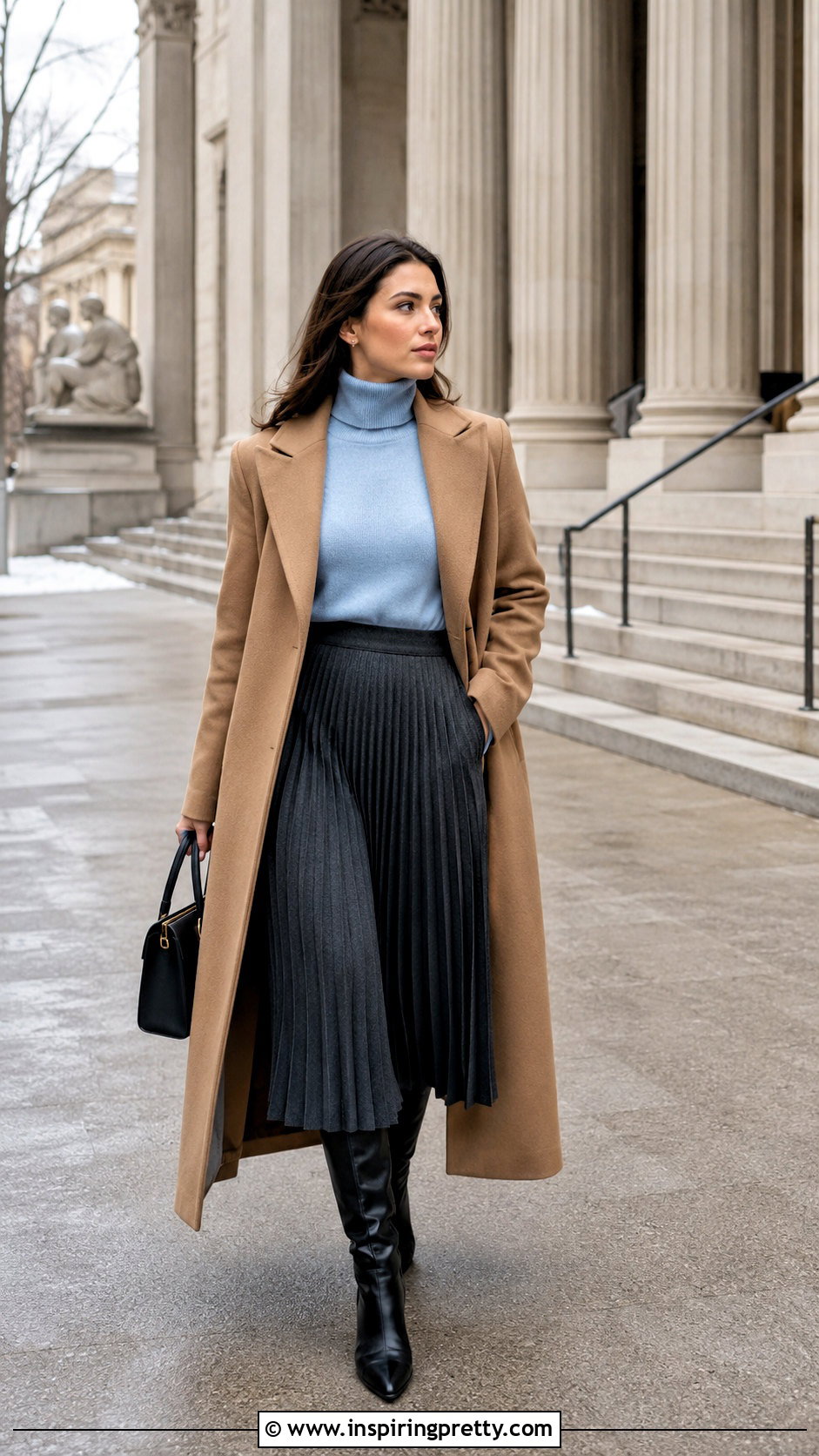 Powder Blue Turtleneck With Midi Skirt And Boots - 50 powder blue top outfit ideas