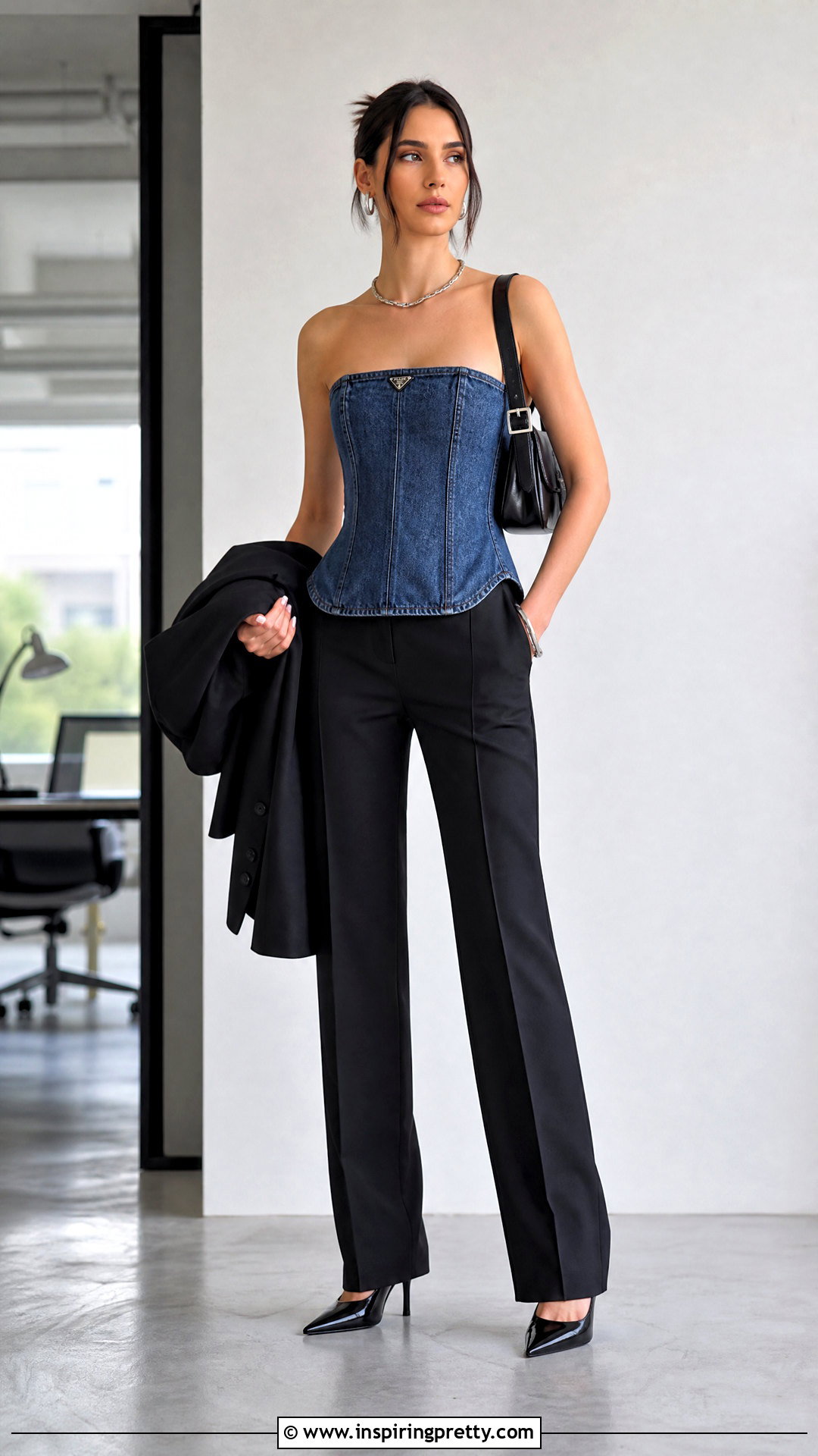 Prada Denim Top With Black Trousers - 50 prada top outfit ideas
