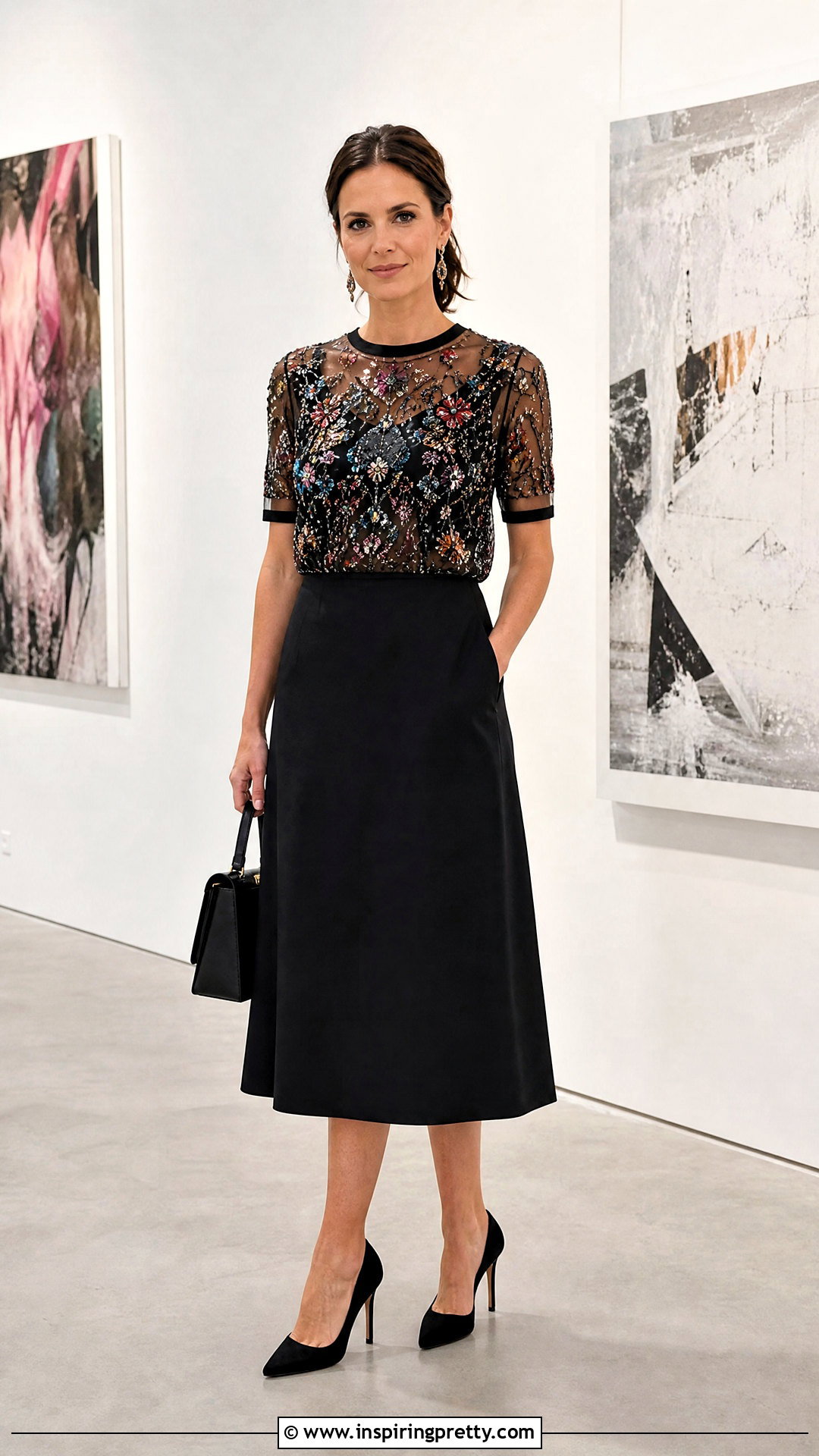 Prada Embroidered Top With Black Midi Skirt - 50 prada top outfit ideas