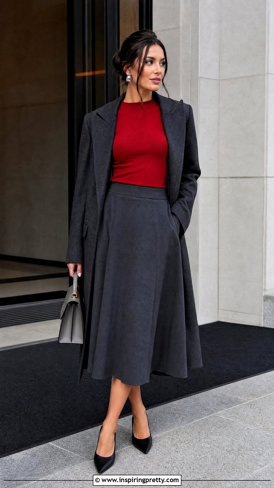 Prada Red Top With Gray Midi Skirt - 50 prada top outfit ideas