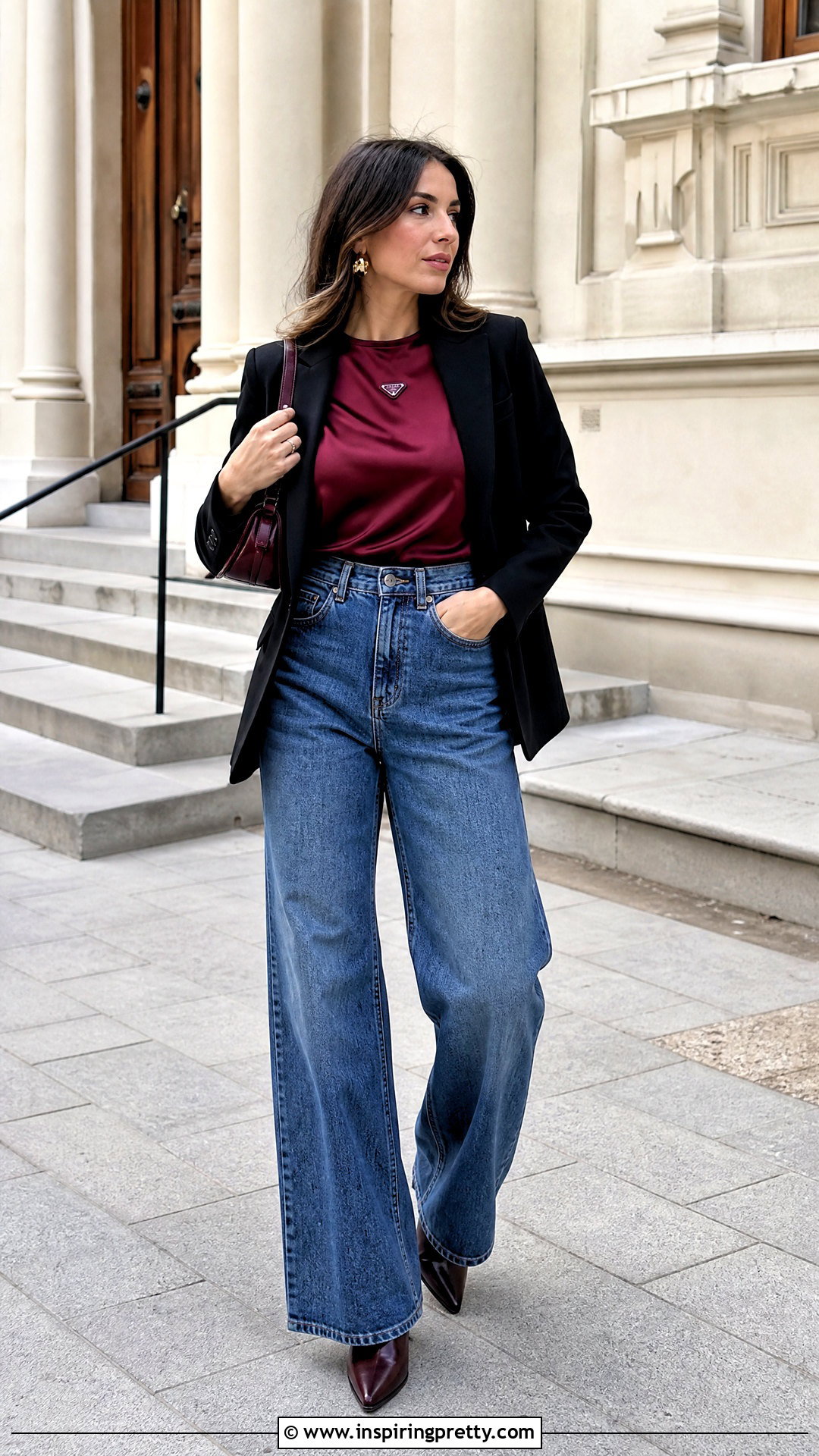 Prada Satin Top With Wide Leg Jeans - 50 prada top outfit ideas