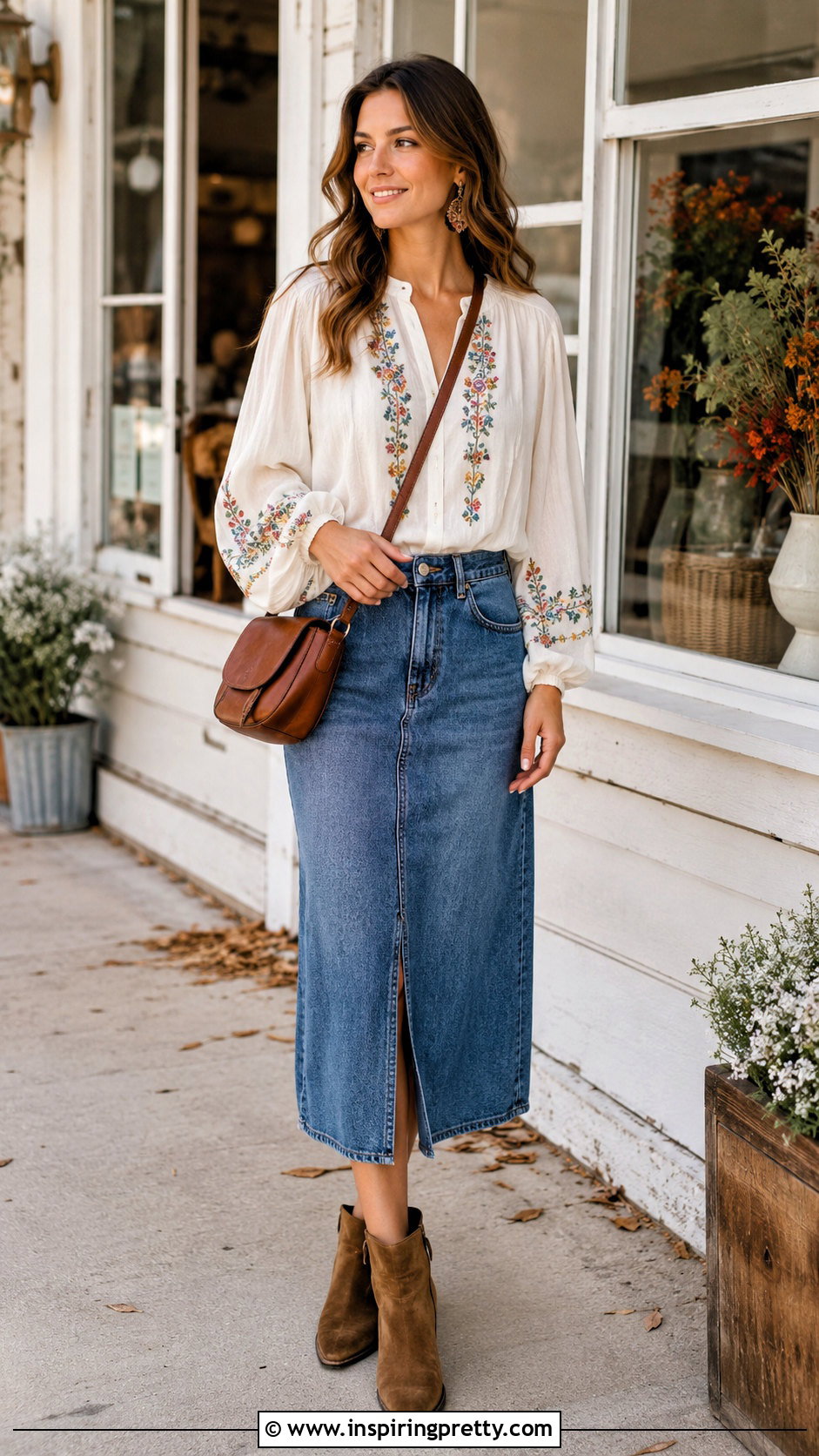 Prairie Blouse With Denim Midi Skirt - 50 ladies tops fashion