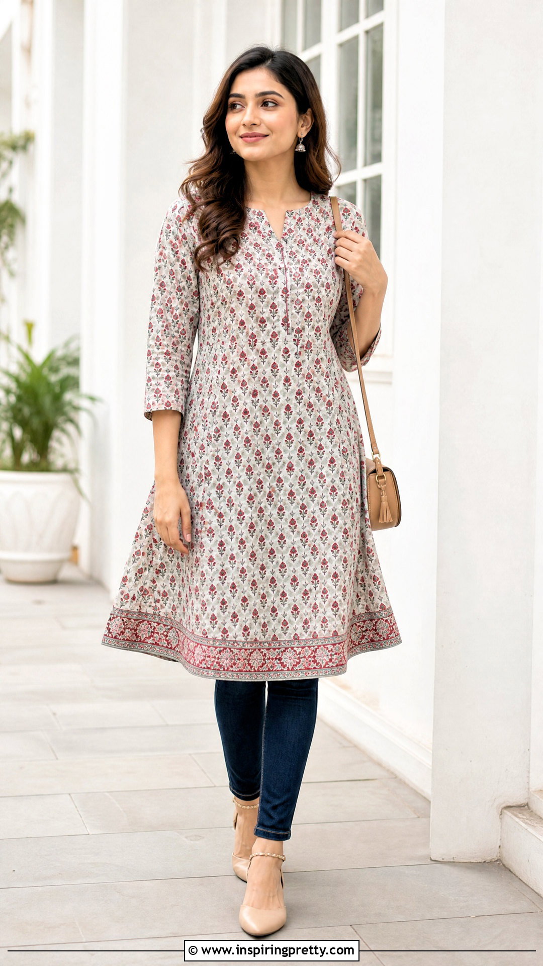 Printed A Line Kurti With Skinny Jeans - 50 kurti tops for jeans