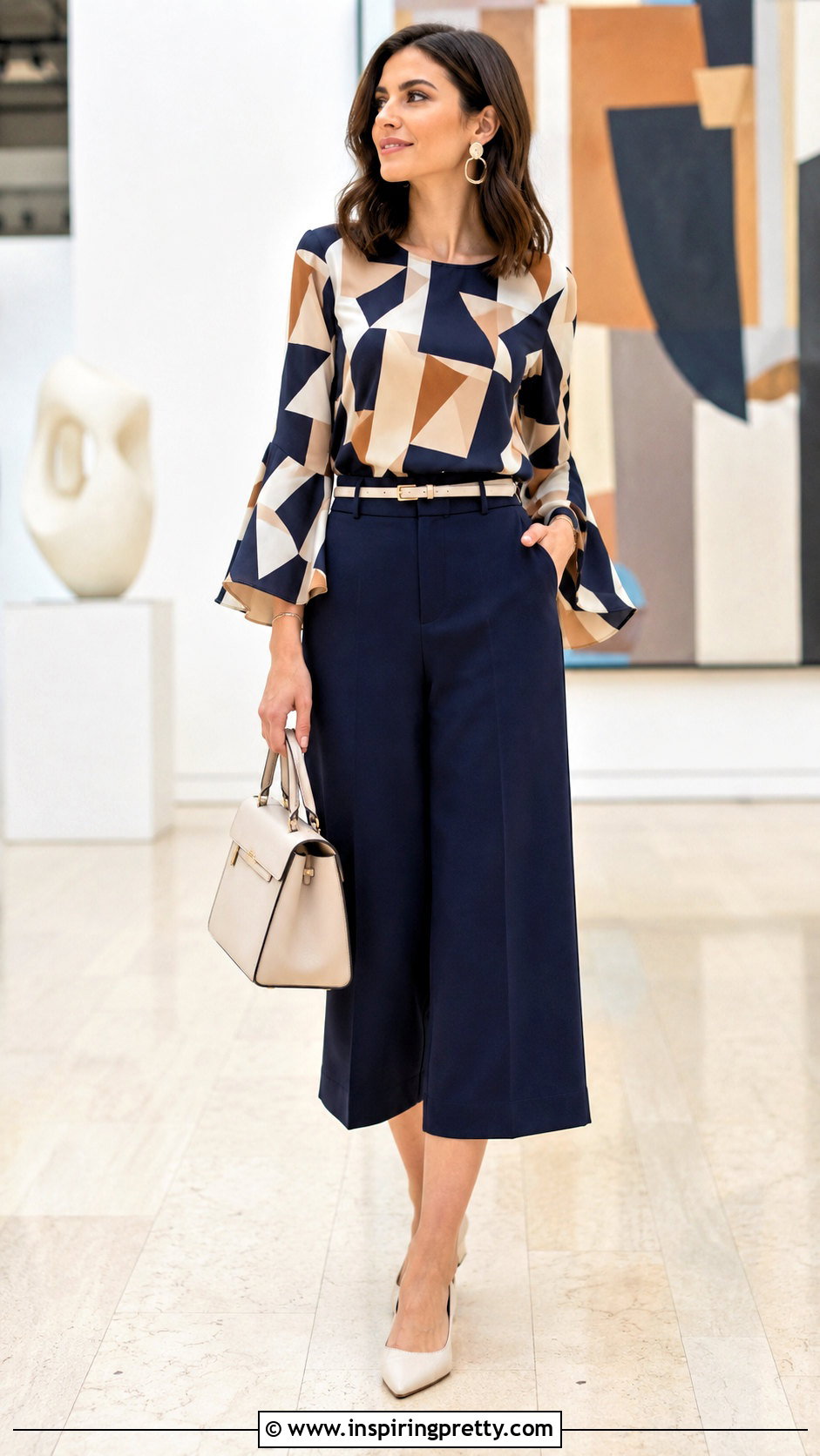 Printed Bell Sleeve Top With Solid Culottes - 50 bell sleeve top outfit ideas