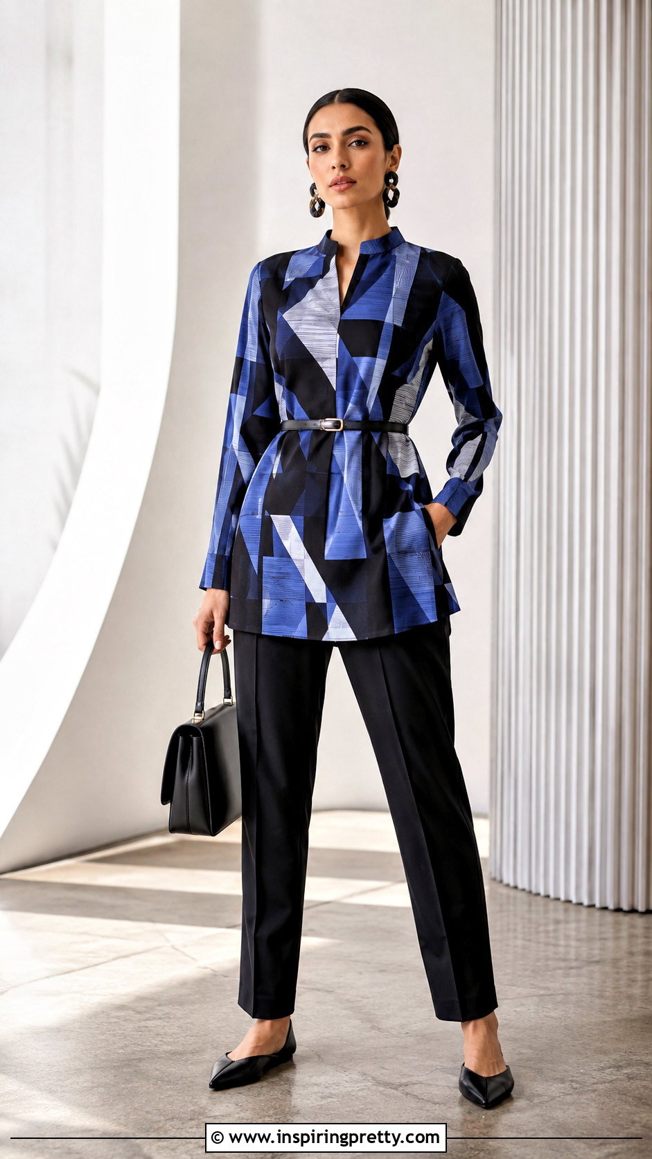 Printed Belted Tunic Top With Black Trousers - 25 Belted Tunic Top outfit ideas