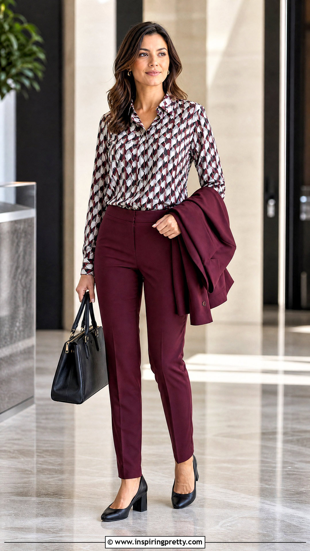 Printed Blouse And Solid Trousers Work Outfit - 20 Stylish Tops For Work Outfit Ideas