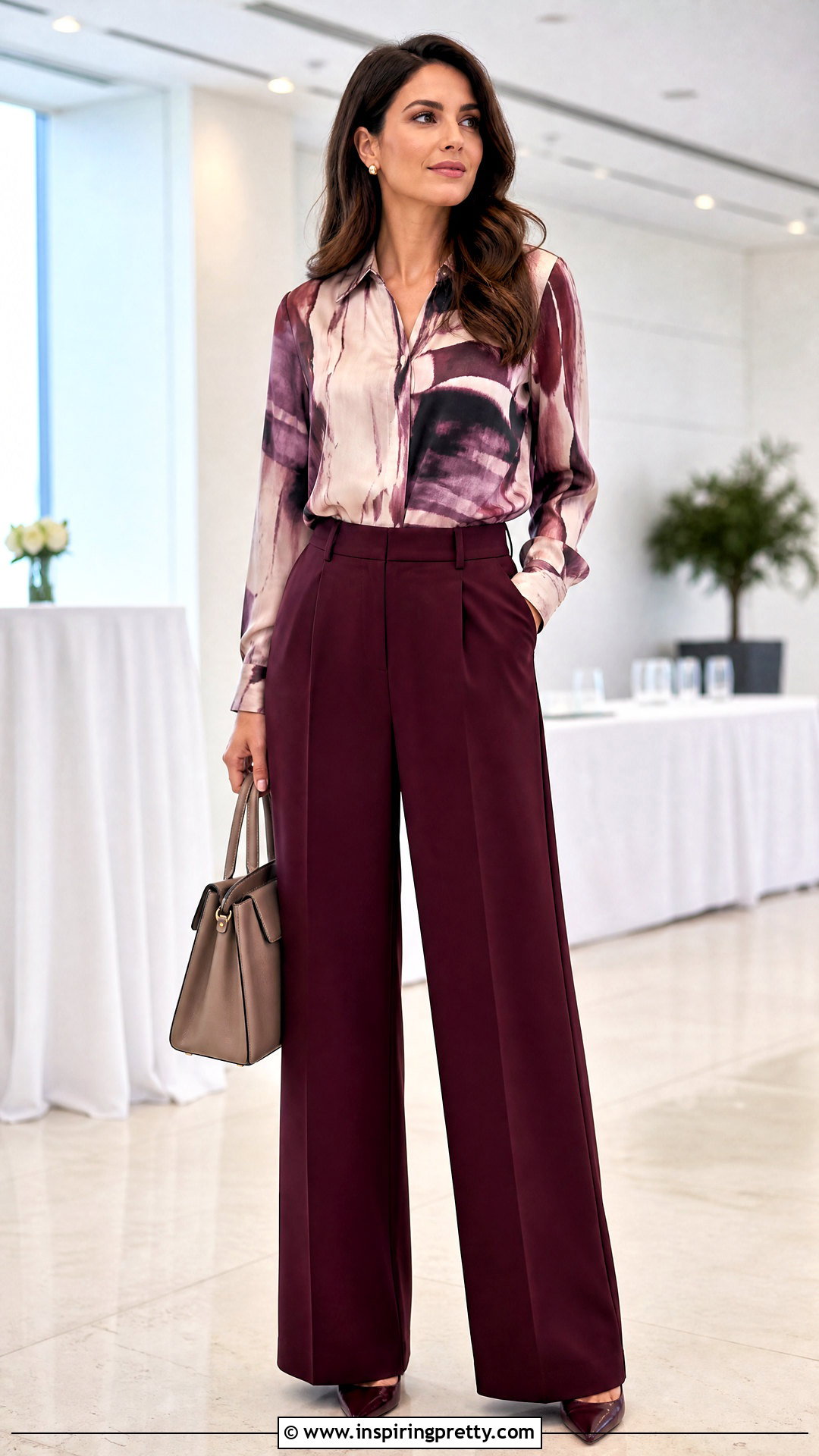 Printed Blouse Outfit With Monochrome Pants - 50 trendy tops outfit ideas