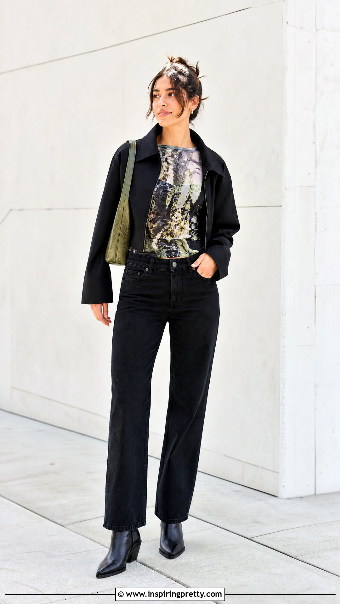 Printed Bodycon Top With Black Jeans - 50 bodycon tops outfit ideas