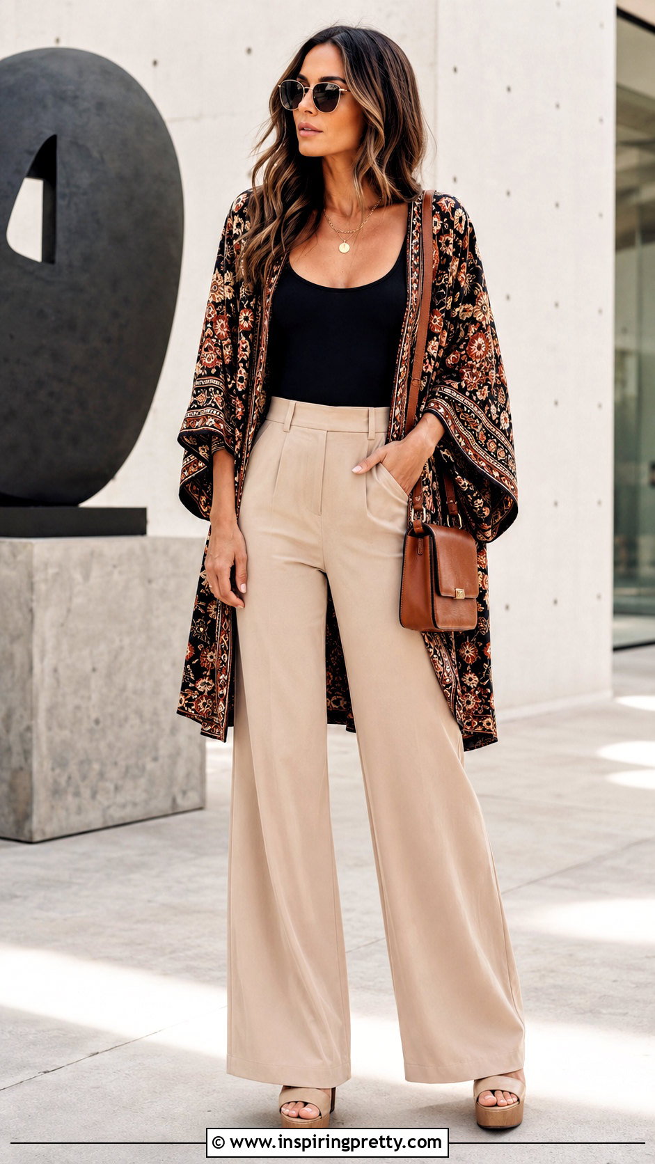 Printed Boho Kimono Top With Wide Leg Pants - 20 boho kimono top outfit ideas