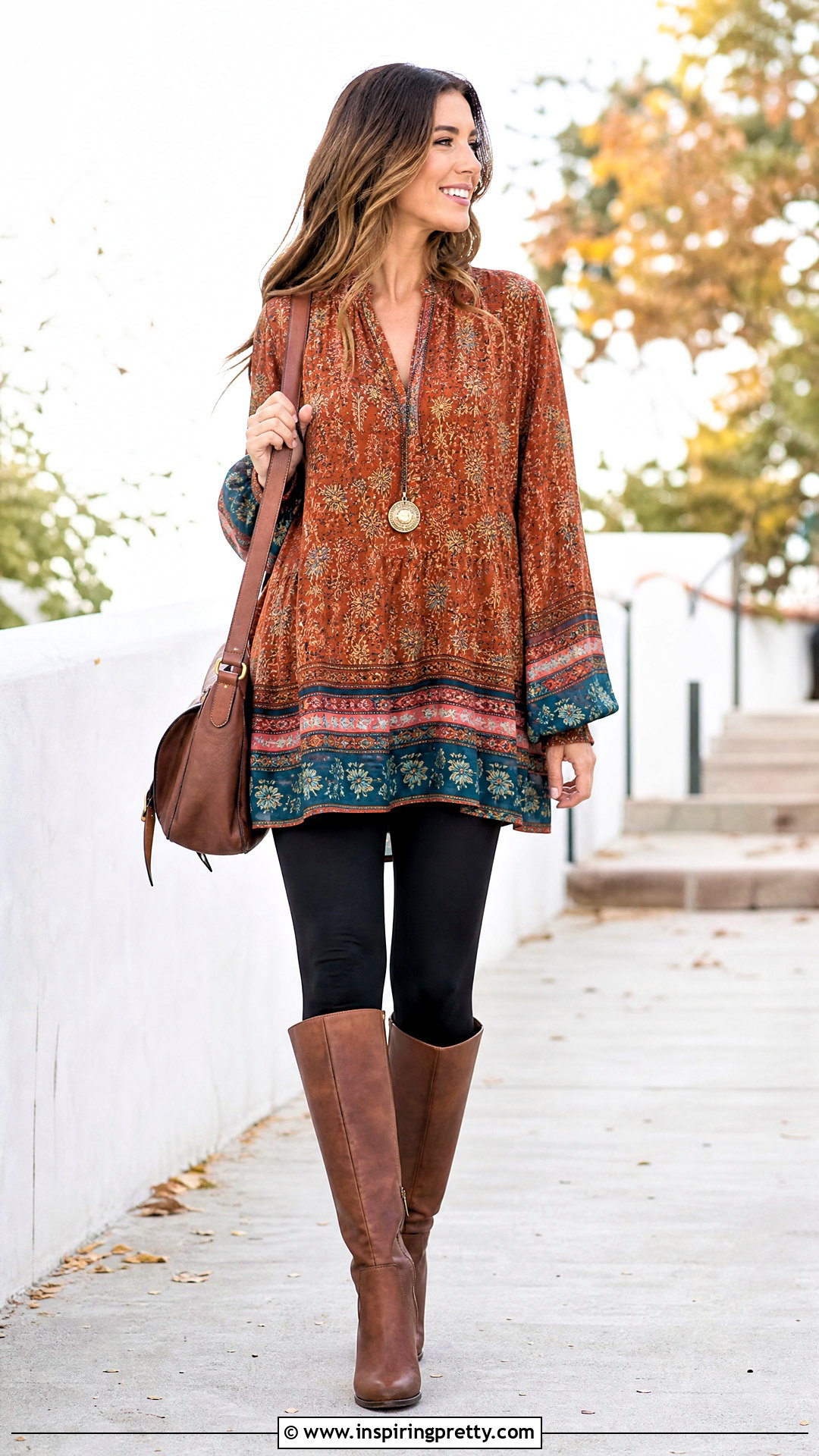Printed Boho Tunic With Leggings - 50 boho tops outfit ideas