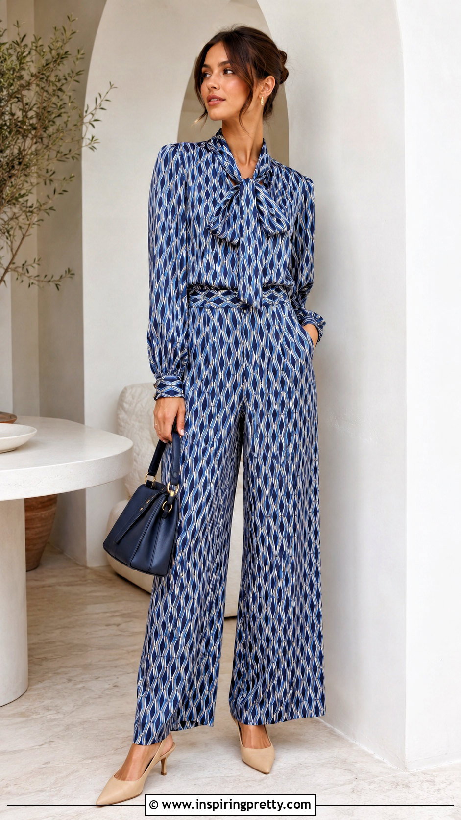 Printed Bow Top Blouse With Matching Pants - 20 Bow Top Blouse outfits