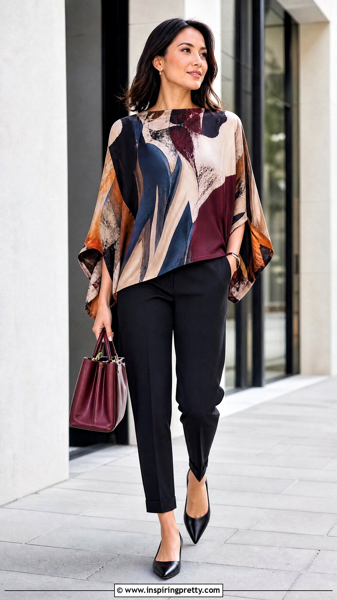 Printed Cape Top With Black Pants - 50 cape top outfits