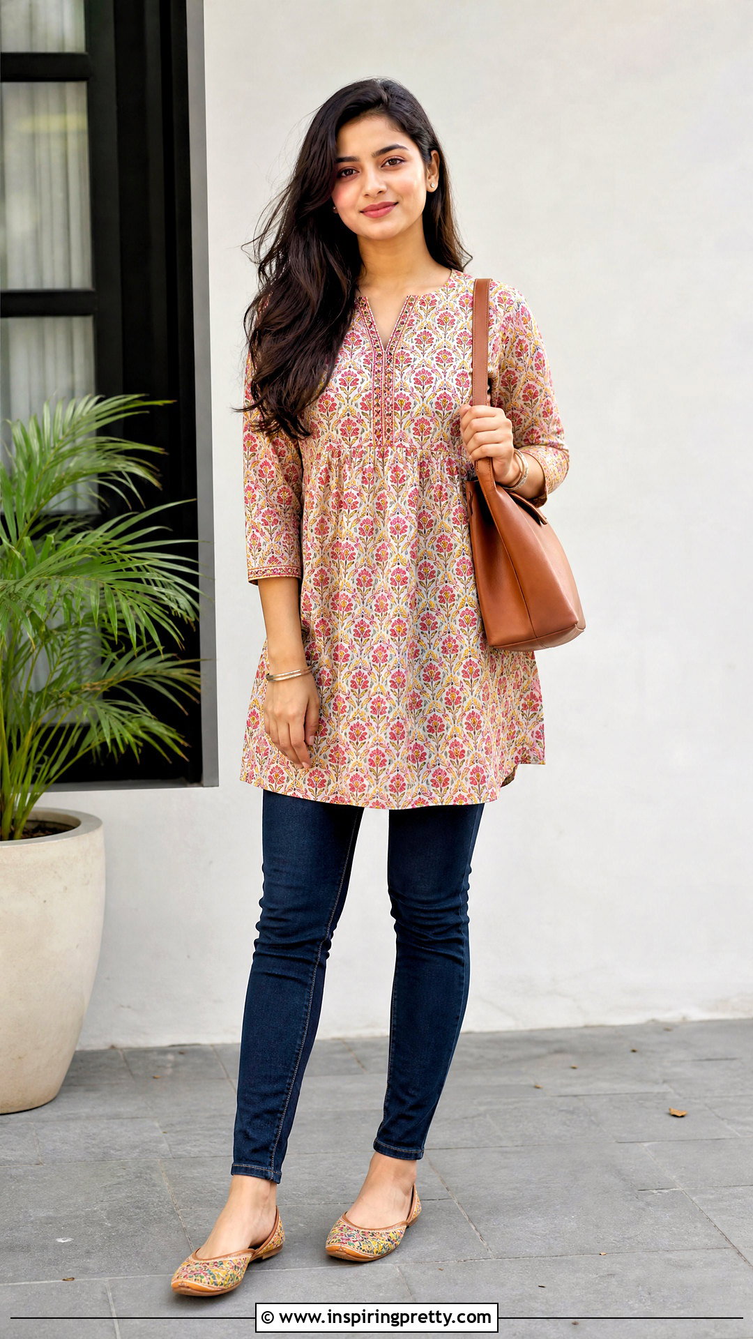 Printed Cotton Short Kurti With Skinny Jeans - 50 short kurti top outfit ideas
