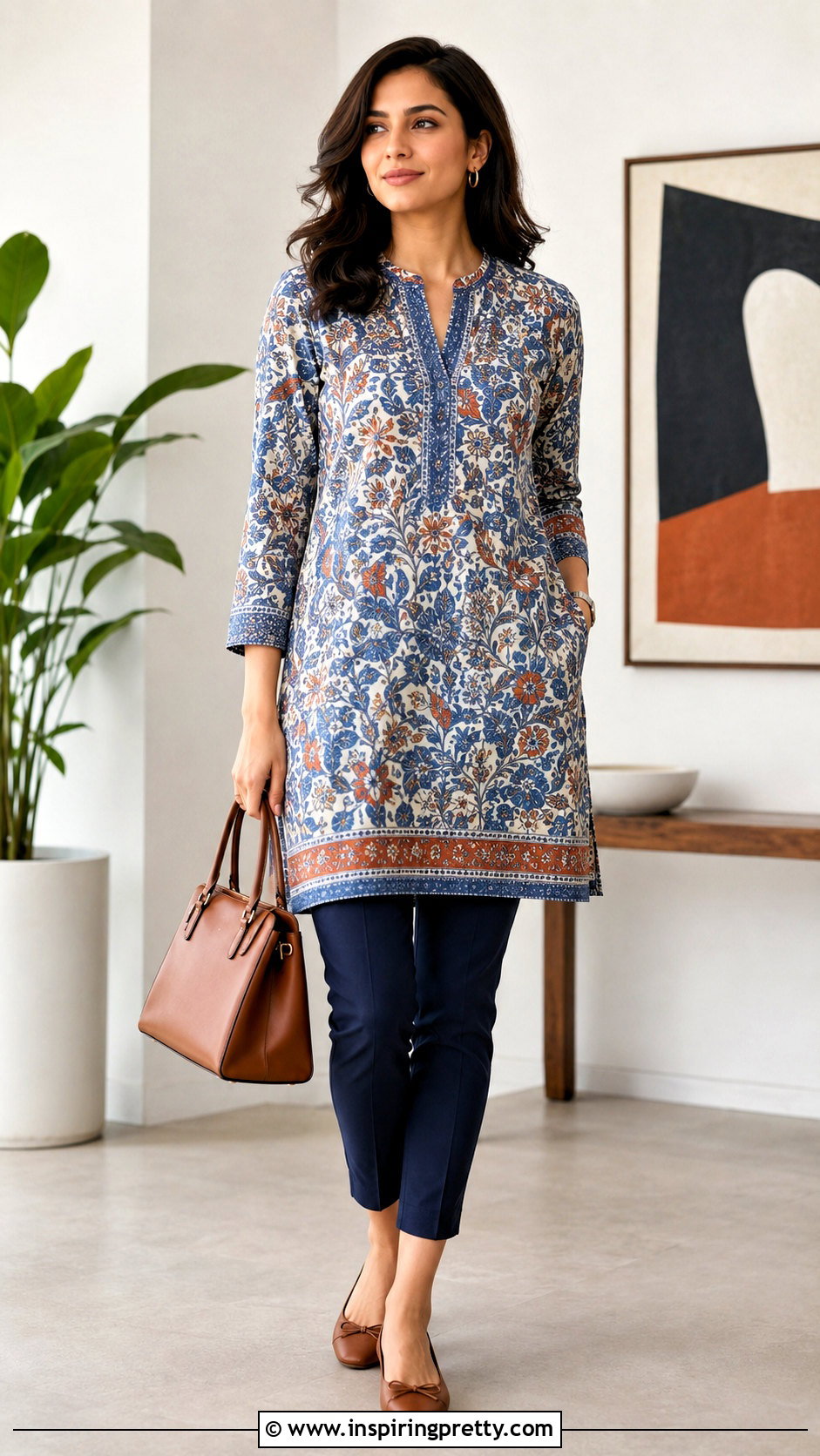 Printed Cotton Tunic Top With Navy Pants - 50 cotton tunic tops outfit ideas