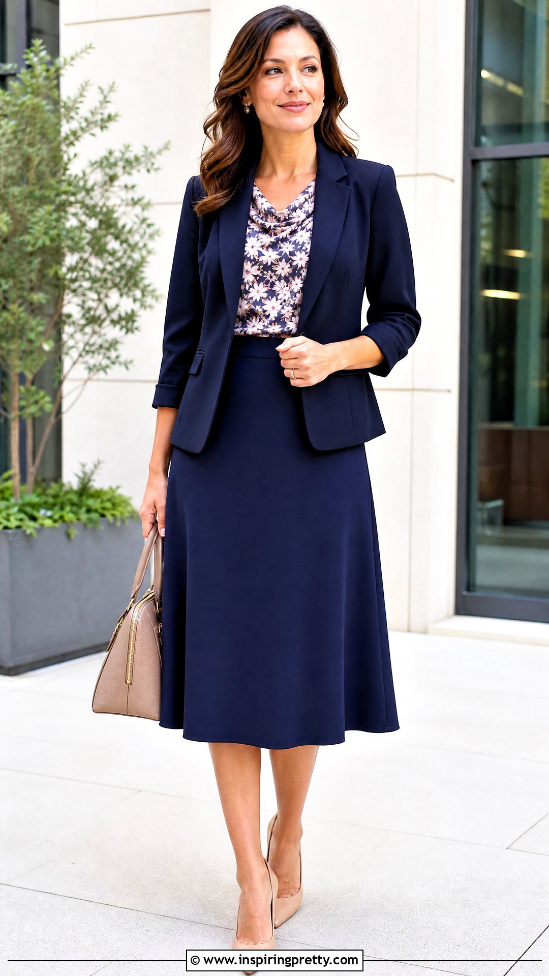 Printed Cowl Neck Top With Solid Midi Skirt - 50 cowl neck top outfit ideas