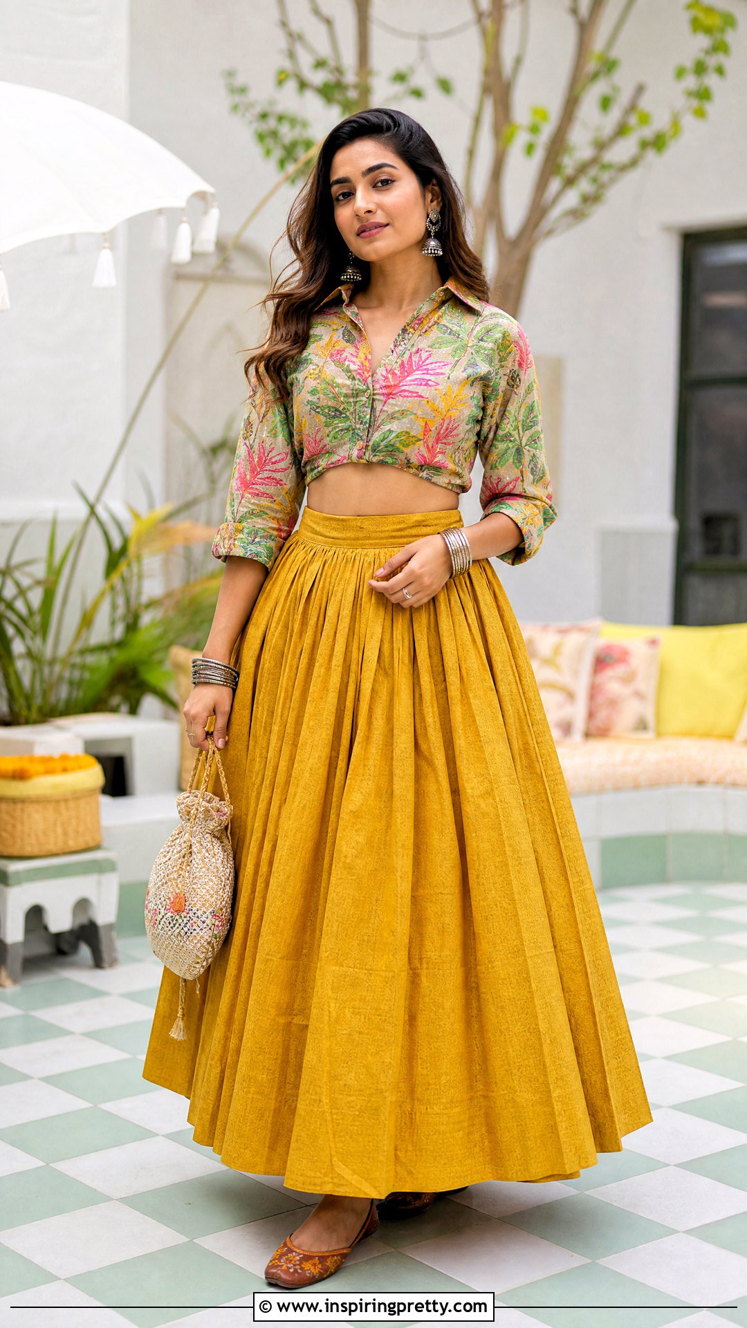 Printed Crop Shirt With Plain Lehenga Outfit - 25 shirt crop top lehenga outfit ideas