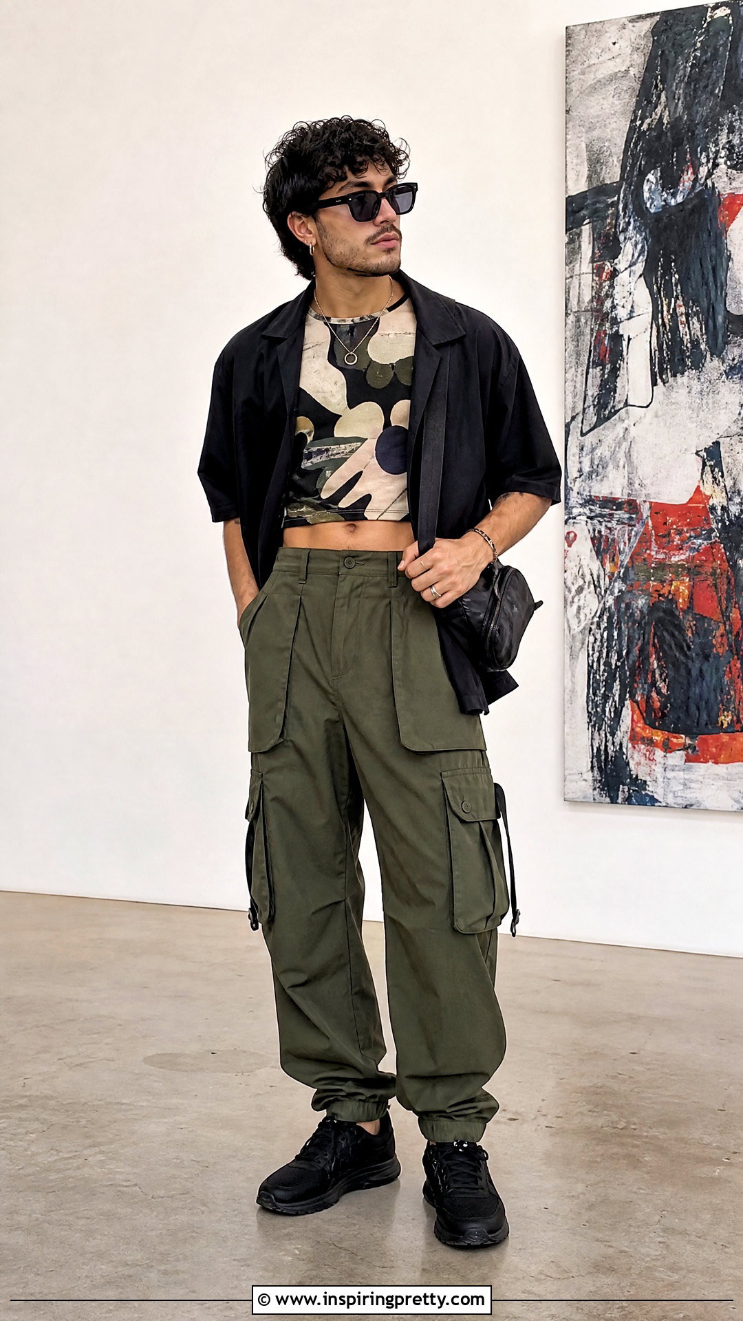 Printed Crop Top With Solid Cargo Pants - 50 male crop top outfit ideas