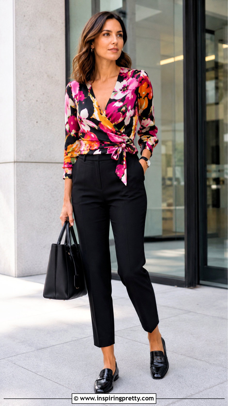 Printed Diane von Furstenberg Wrap Top With Black Trousers - 20 diane von furstenberg wrap top outfit ideas