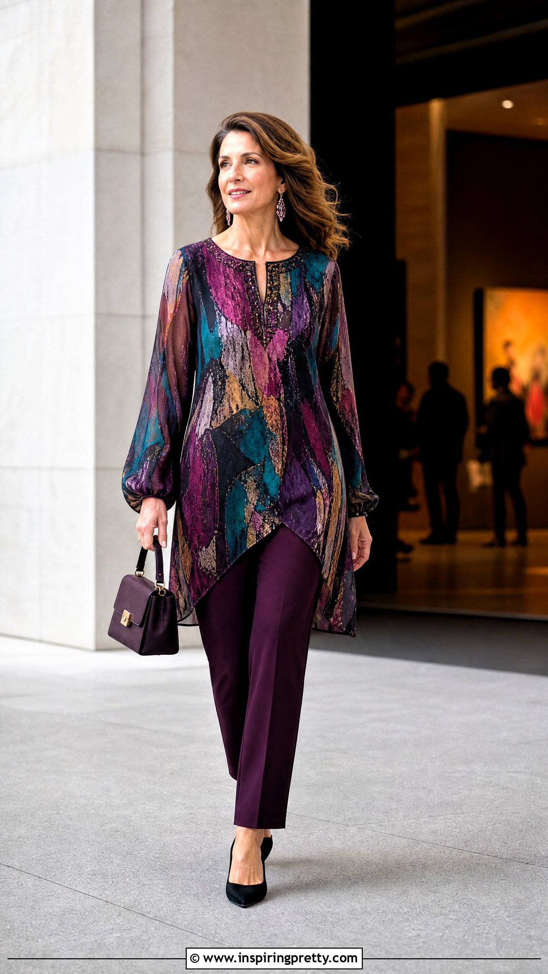 Printed Evening Tunic Top With Solid Pants - 20 evening tunic tops outfit ideas