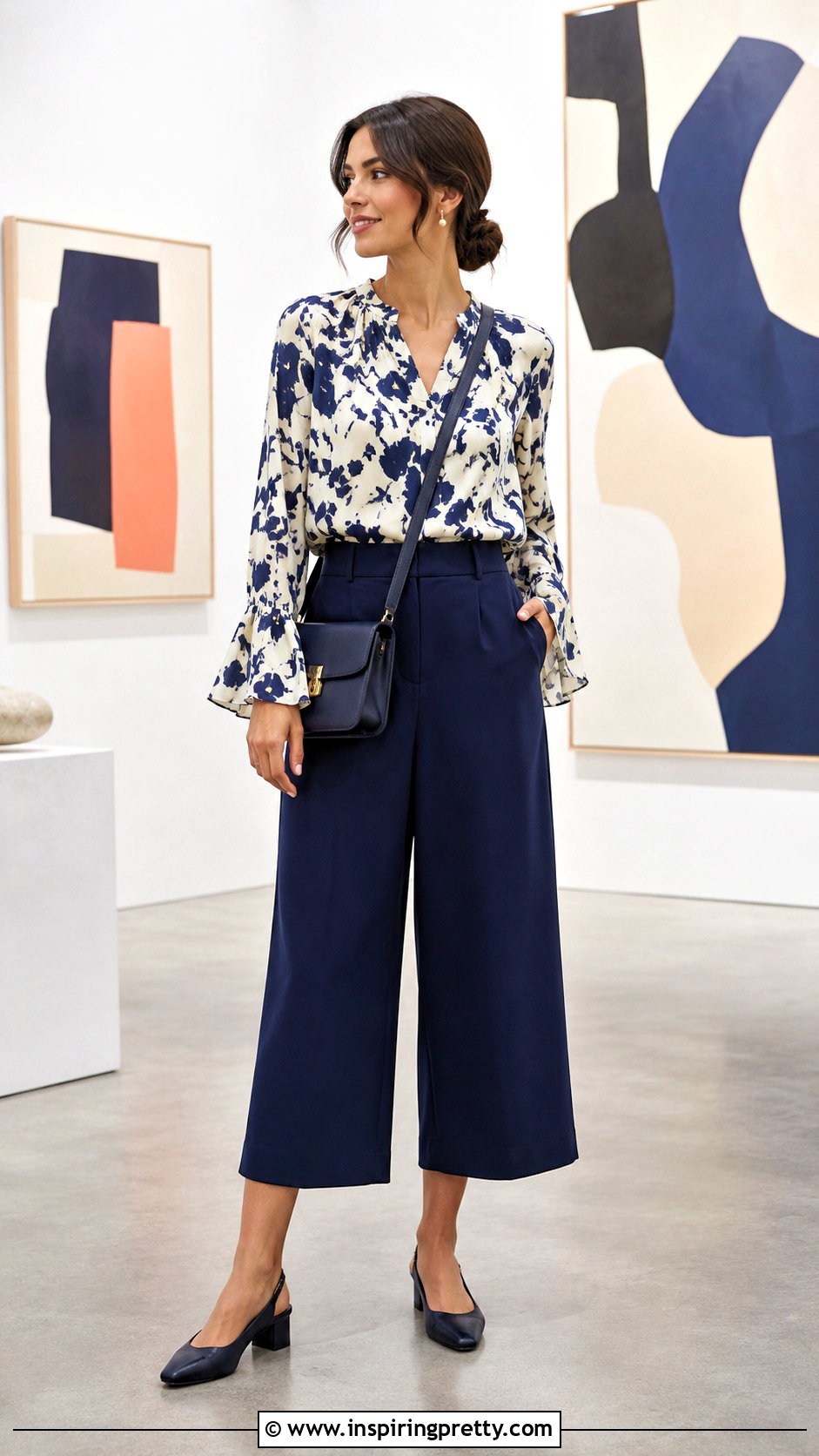 Printed Flare Top With Solid Culottes - 50 flare top outfit ideas